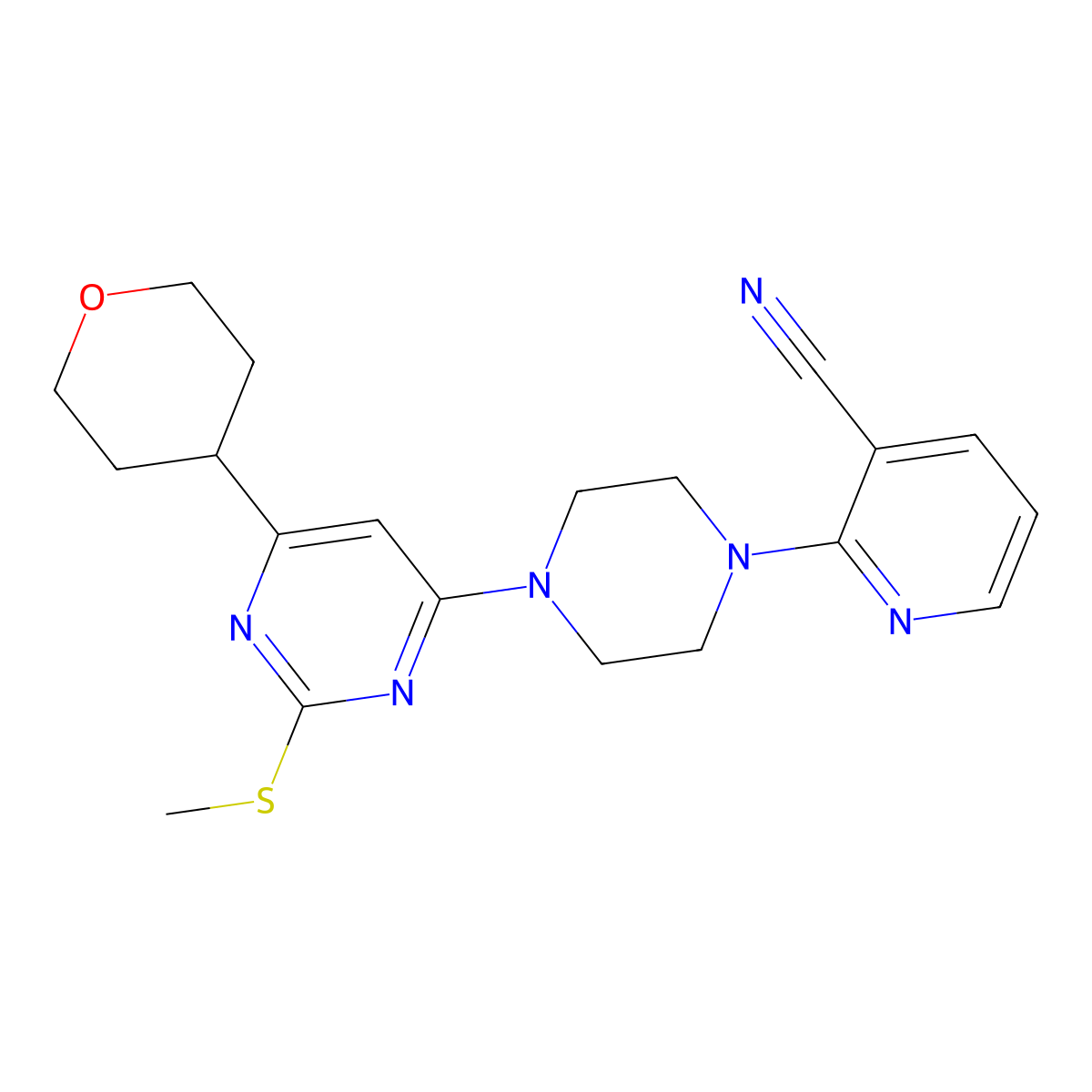 2-{4-[2-(Methylsulfanyl)-6-(oxan-4-yl)pyrimidin-4-yl]piperazin-1-yl}pyridine-3-carbonitrile molecular structure, CAS 2640947-60-8