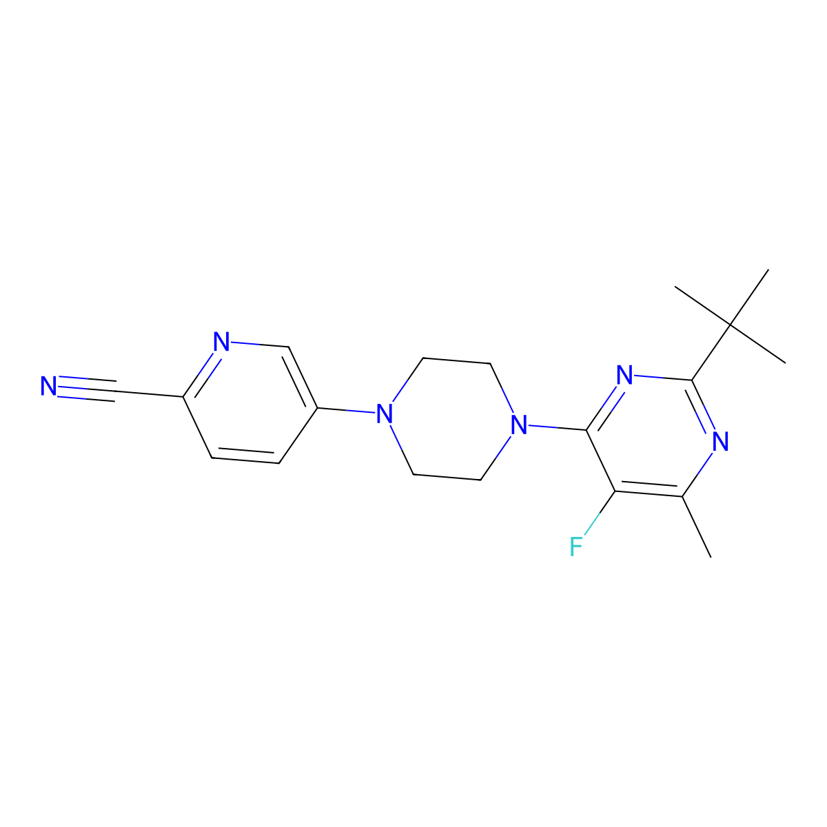 5-[4-(2-Tert-butyl-5-fluoro-6-methylpyrimidin-4-yl)piperazin-1-yl]pyridine-2-carbonitrile molecular structure, CAS 2640947-65-3