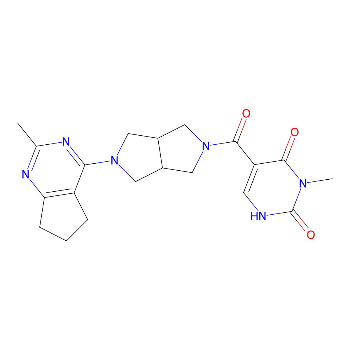 3-methyl-5-(5-{2-methyl-5H,6H,7H-cyclopenta[d]pyrimidin-4-yl}-octahydropyrrolo[3,4-c]pyrrole-2-carbonyl)-1,2,3,4-tetrahydropyrimidine-2,4-dione molecular structure, CAS 2640947-66-4