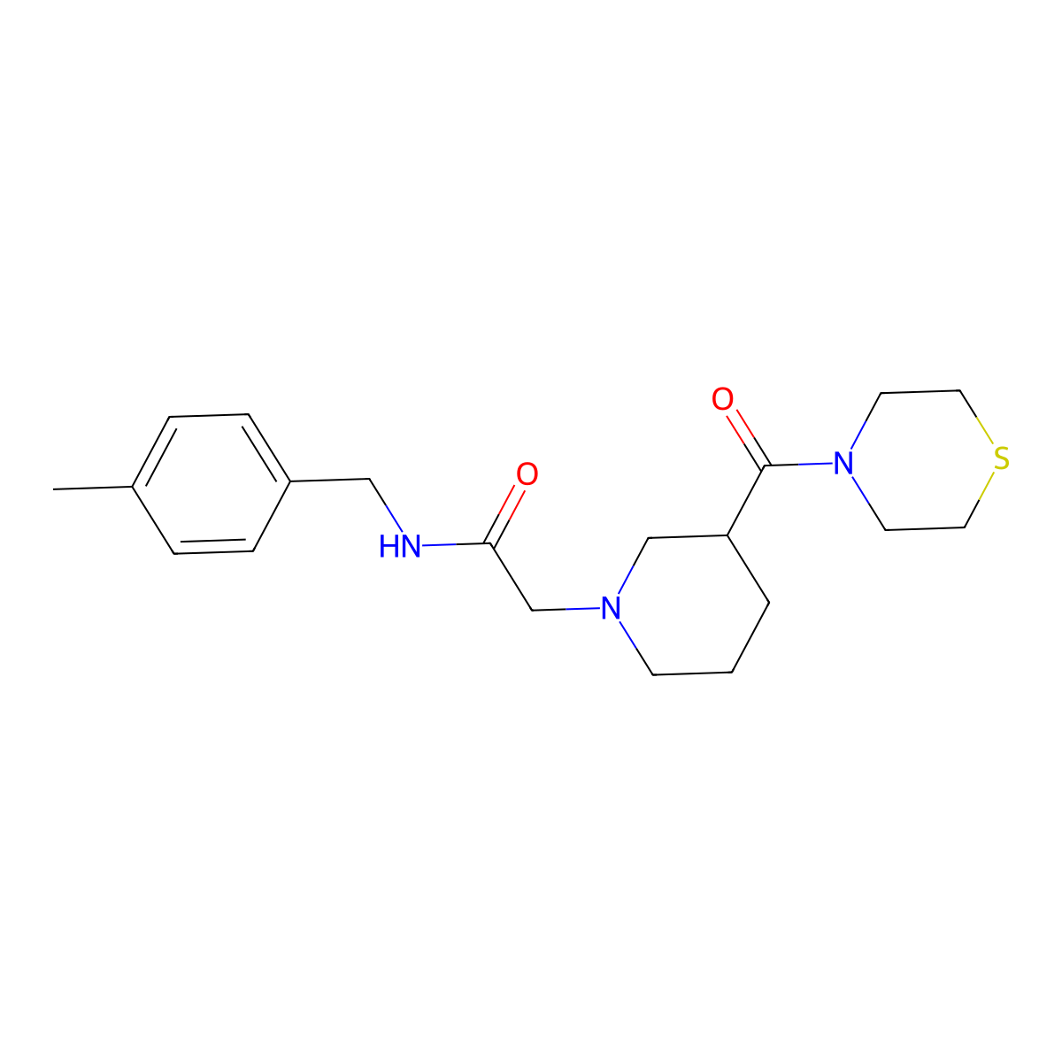 N-[(4-methylphenyl)methyl]-2-[3-(thiomorpholine-4-carbonyl)piperidin-1-yl]acetamide molecular structure, CAS 2640947-68-6