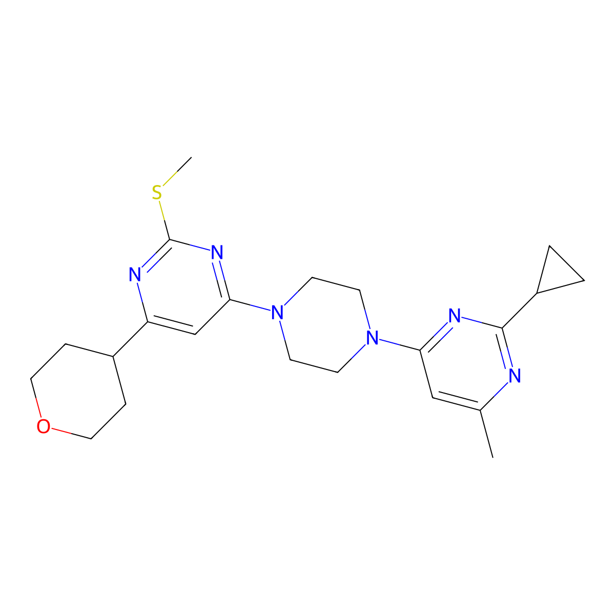 4-[4-(2-Cyclopropyl-6-methylpyrimidin-4-yl)piperazin-1-yl]-2-(methylsulfanyl)-6-(oxan-4-yl)pyrimidine molecular structure, CAS 2640947-71-1