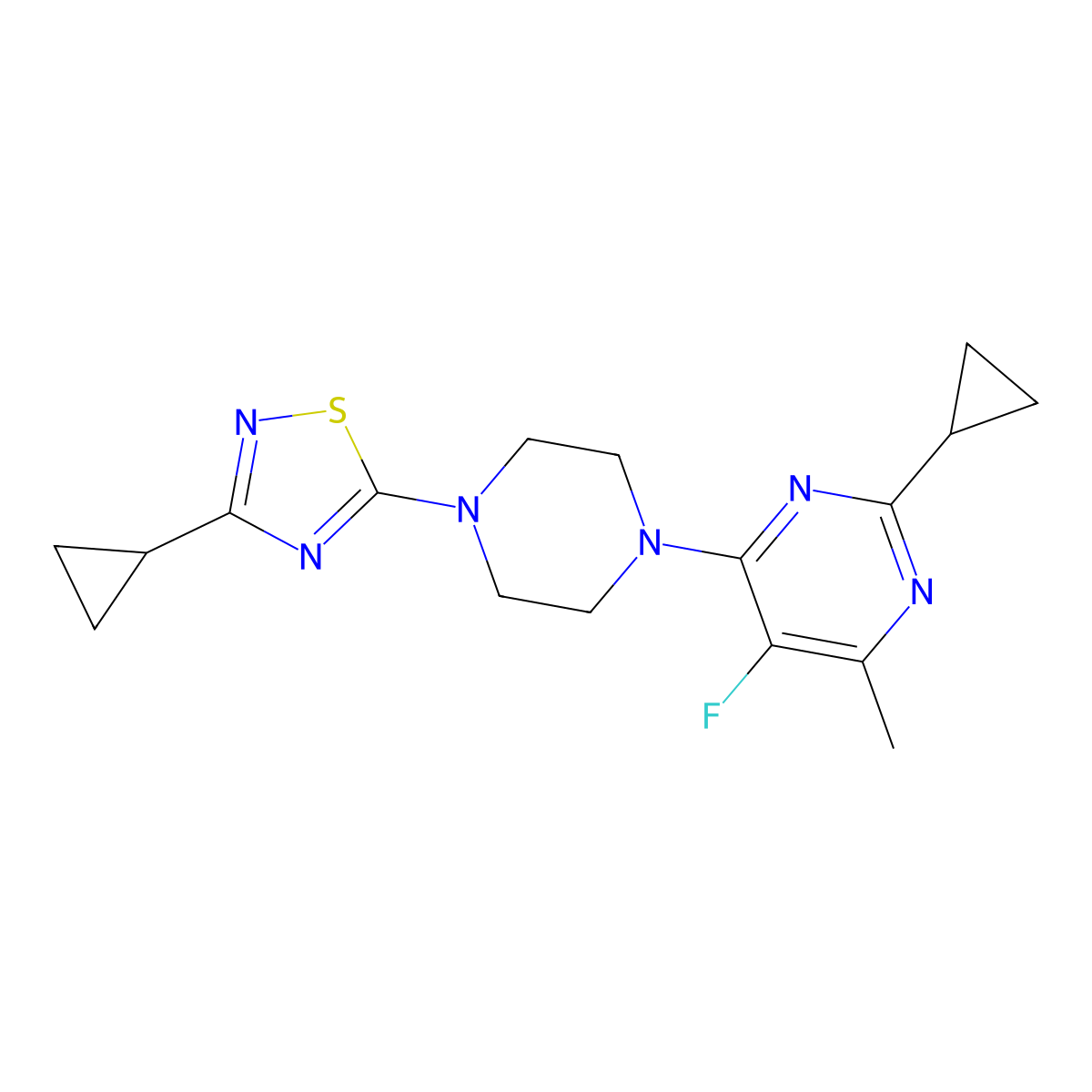 2-Cyclopropyl-4-[4-(3-cyclopropyl-1,2,4-thiadiazol-5-yl)piperazin-1-yl]-5-fluoro-6-methylpyrimidine molecular structure, CAS 2640947-76-6