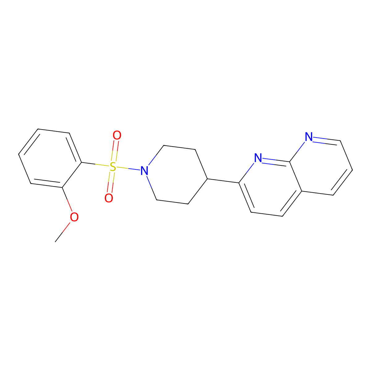 2-[1-(2-Methoxybenzenesulfonyl)piperidin-4-yl]-1,8-naphthyridine molecular structure, CAS 2640947-77-7