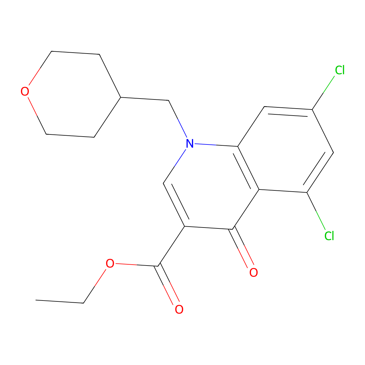 Ethyl 5,7-dichloro-1-[(oxan-4-yl)methyl]-4-oxo-1,4-dihydroquinoline-3-carboxylate molecular structure, CAS 2640947-78-8