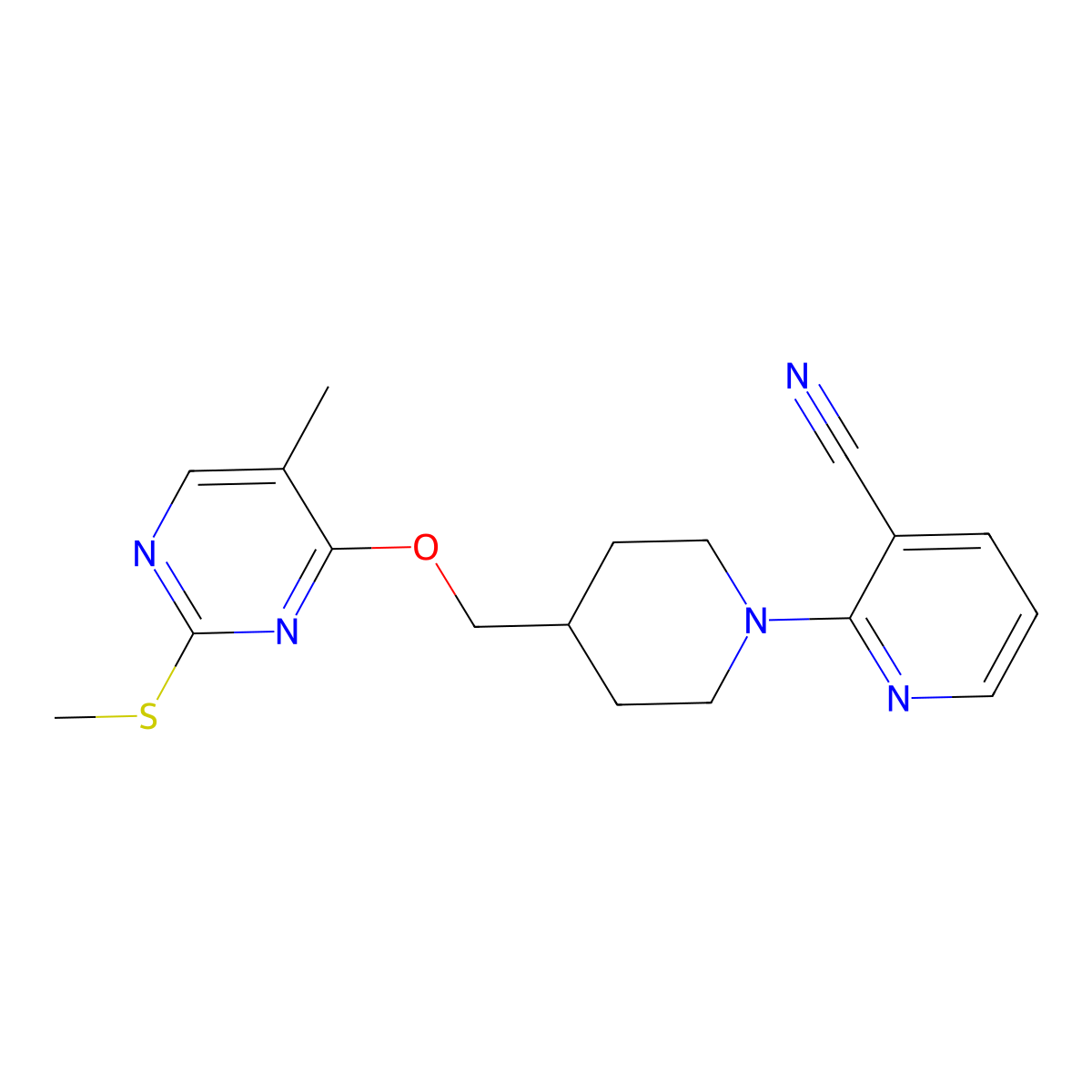 2-[4-({[5-Methyl-2-(methylsulfanyl)pyrimidin-4-yl]oxy}methyl)piperidin-1-yl]pyridine-3-carbonitrile molecular structure, CAS 2640947-80-2