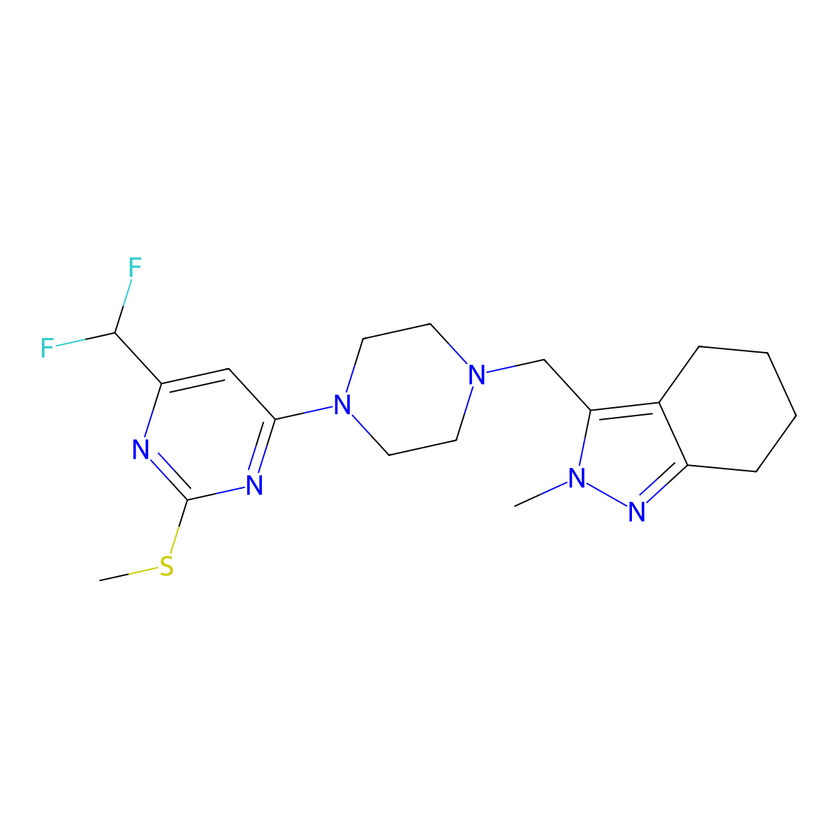 3-({4-[6-(difluoromethyl)-2-(methylsulfanyl)pyrimidin-4-yl]piperazin-1-yl}methyl)-2-methyl-4,5,6,7-tetrahydro-2H-indazole molecular structure, CAS 2640947-81-3
