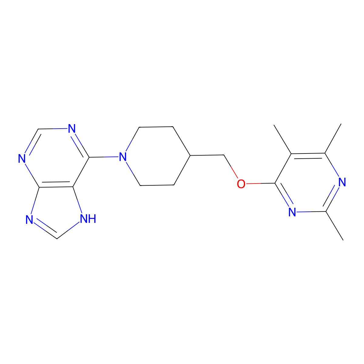 6-(4-{[(2,5,6-trimethylpyrimidin-4-yl)oxy]methyl}piperidin-1-yl)-9H-purine molecular structure, CAS 2640947-82-4
