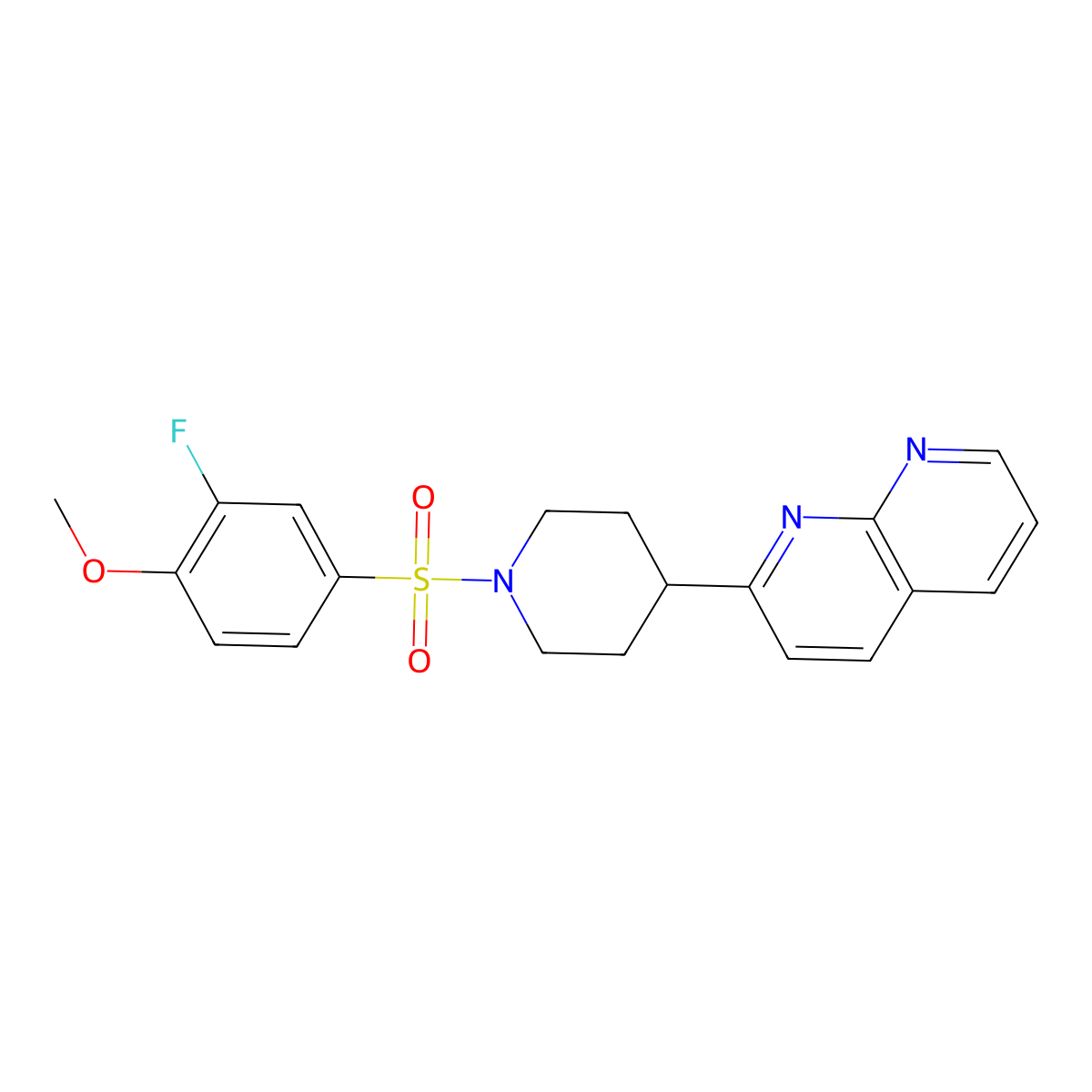 2-[1-(3-Fluoro-4-methoxybenzenesulfonyl)piperidin-4-yl]-1,8-naphthyridine molecular structure, CAS 2640947-86-8