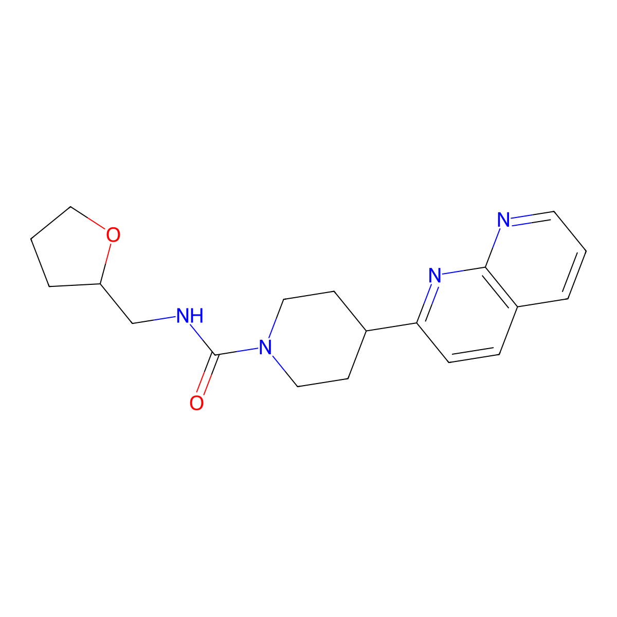 4-(1,8-naphthyridin-2-yl)-N-[(oxolan-2-yl)methyl]piperidine-1-carboxamide molecular structure, CAS 2640947-88-0