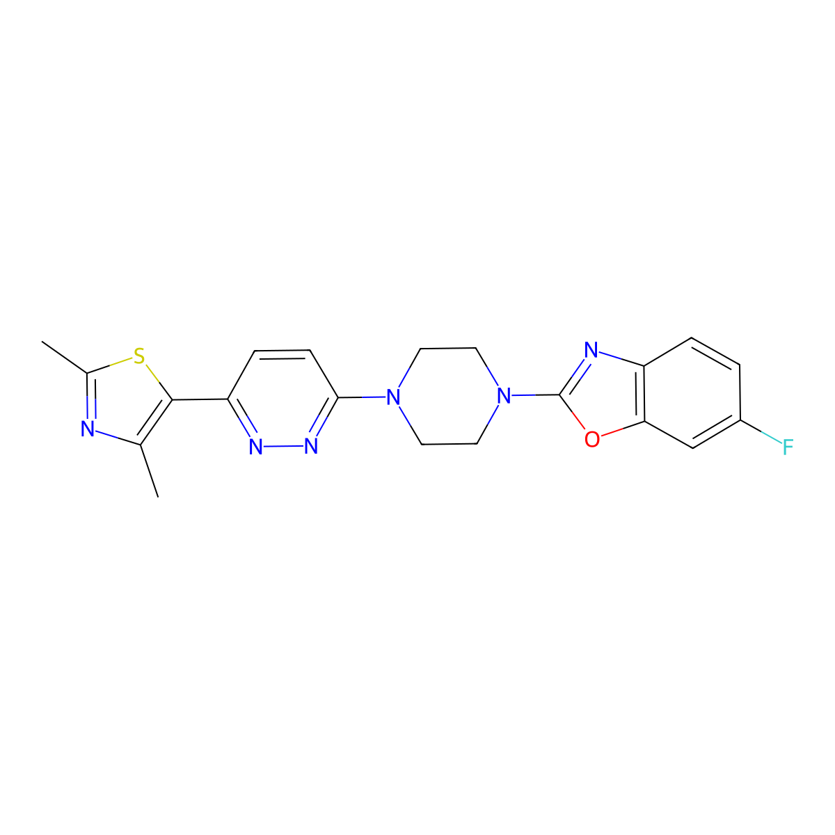 2-{4-[6-(2,4-Dimethyl-1,3-thiazol-5-yl)pyridazin-3-yl]piperazin-1-yl}-6-fluoro-1,3-benzoxazole molecular structure, CAS 2640947-90-4