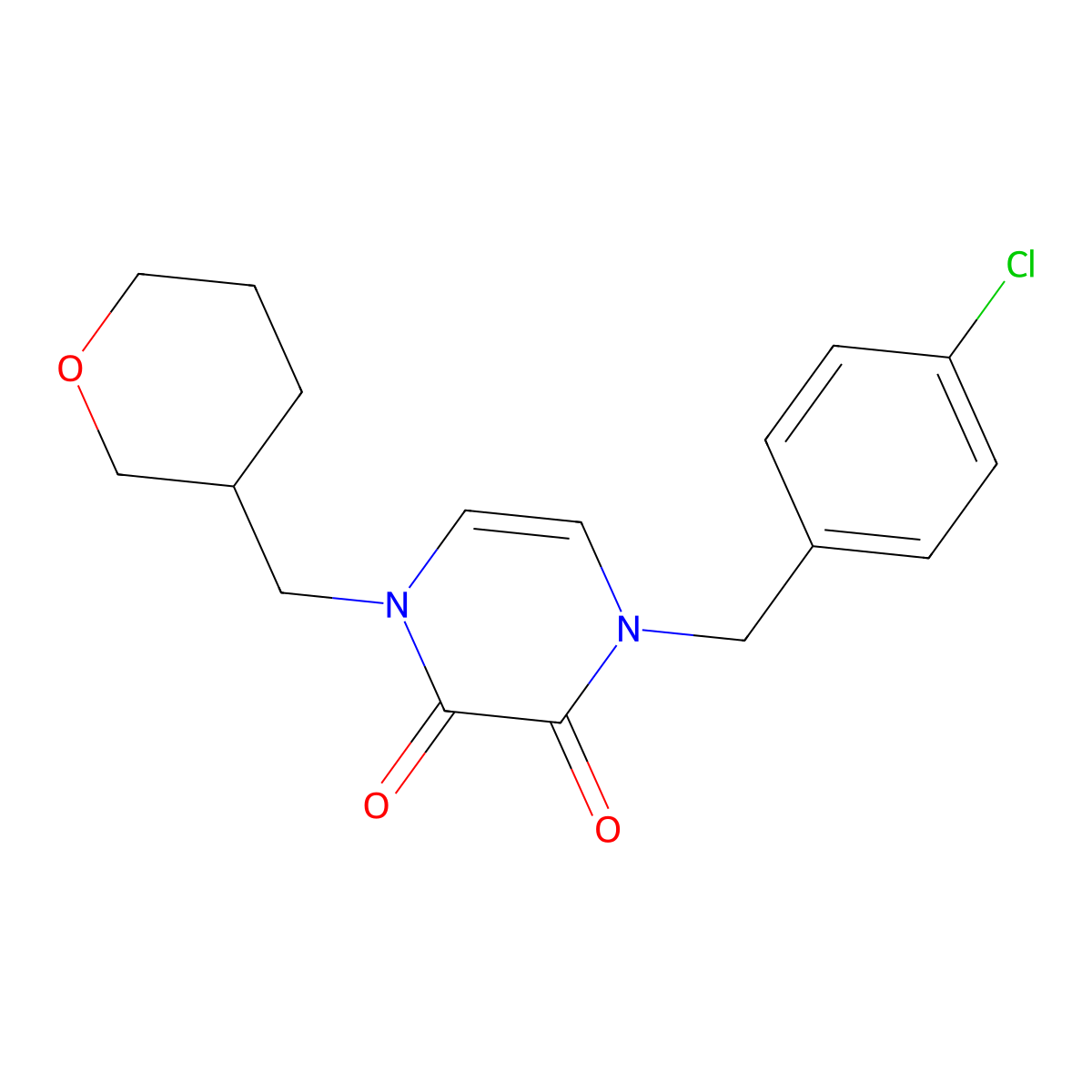 1-[(4-Chlorophenyl)methyl]-4-[(oxan-3-yl)methyl]-1,2,3,4-tetrahydropyrazine-2,3-dione molecular structure, CAS 2640947-92-6
