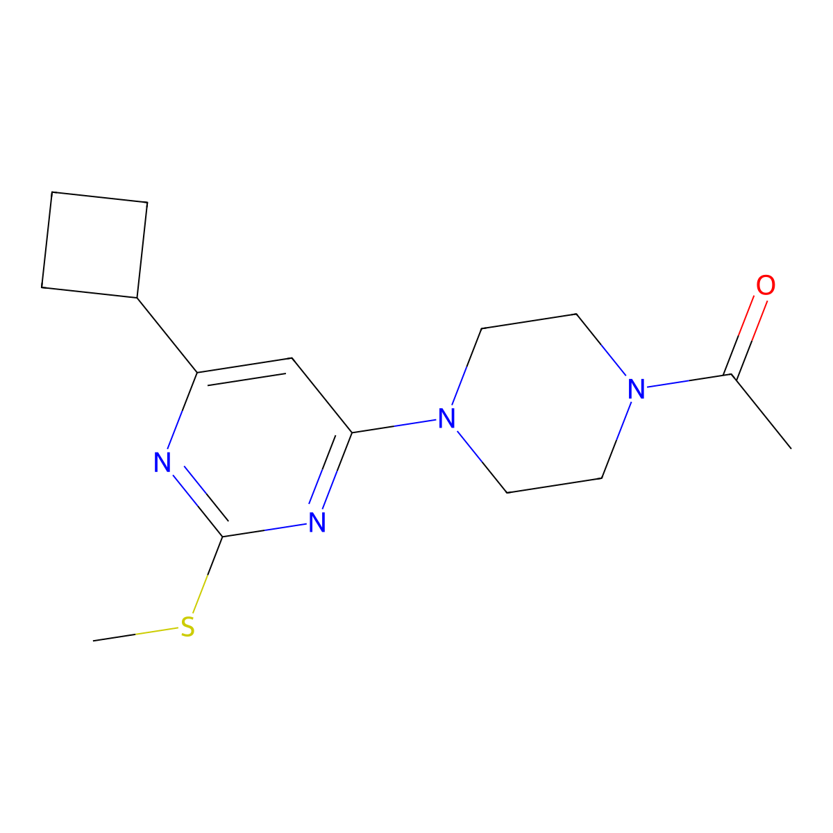 1-{4-[6-Cyclobutyl-2-(methylsulfanyl)pyrimidin-4-yl]piperazin-1-yl}ethan-1-one molecular structure, CAS 2640947-97-1