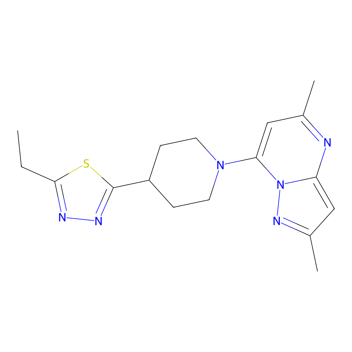 1-{2,5-Dimethylpyrazolo[1,5-a]pyrimidin-7-yl}-4-(5-ethyl-1,3,4-thiadiazol-2-yl)piperidine molecular structure, CAS 2640948-02-1