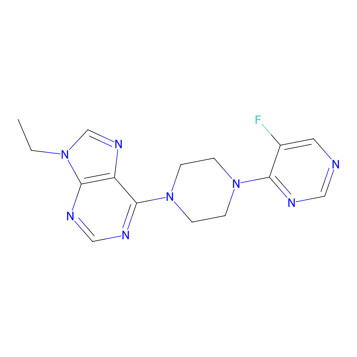 9-ethyl-6-[4-(5-fluoropyrimidin-4-yl)piperazin-1-yl]-9H-purine molecular structure, CAS 2640948-06-5