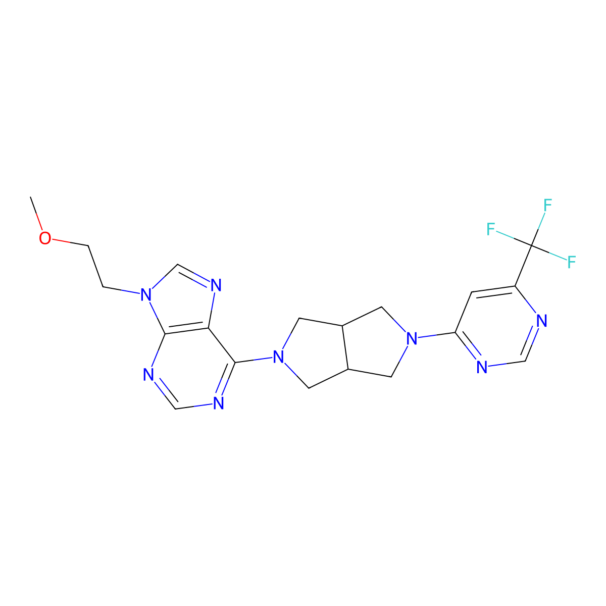 9-(2-methoxyethyl)-6-{5-[6-(trifluoromethyl)pyrimidin-4-yl]-octahydropyrrolo[3,4-c]pyrrol-2-yl}-9H-purine molecular structure, CAS 2640948-10-1
