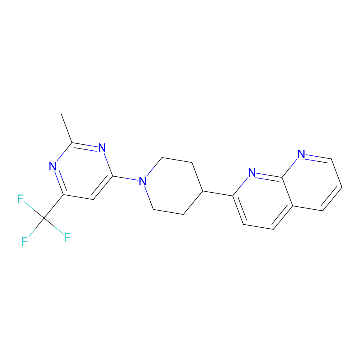 2-{1-[2-Methyl-6-(trifluoromethyl)pyrimidin-4-yl]piperidin-4-yl}-1,8-naphthyridine molecular structure, CAS 2640948-16-7