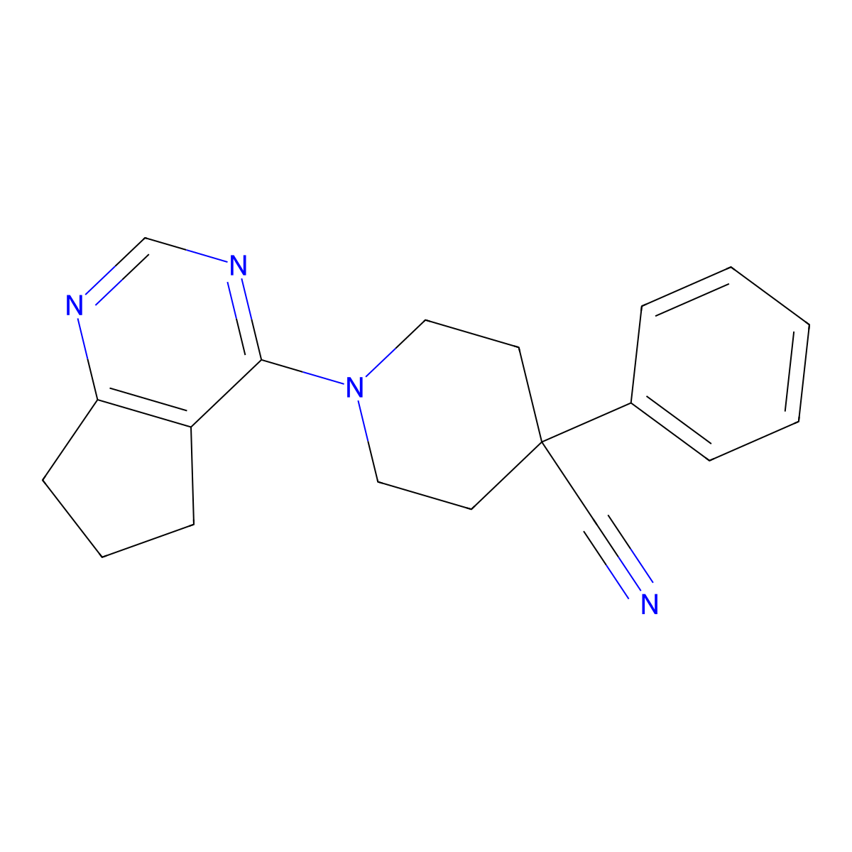 1-{5H,6H,7H-cyclopenta[d]pyrimidin-4-yl}-4-phenylpiperidine-4-carbonitrile molecular structure, CAS 2640948-25-8