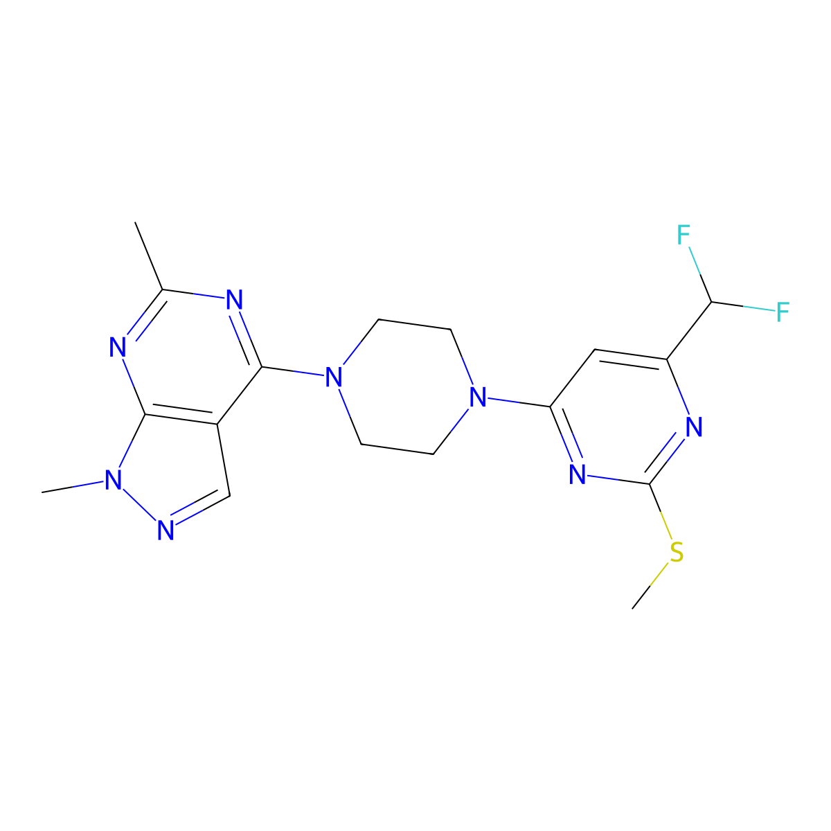 4-(difluoromethyl)-6-(4-{1,6-dimethyl-1H-pyrazolo[3,4-d]pyrimidin-4-yl}piperazin-1-yl)-2-(methylsulfanyl)pyrimidine molecular structure, CAS 2640948-28-1