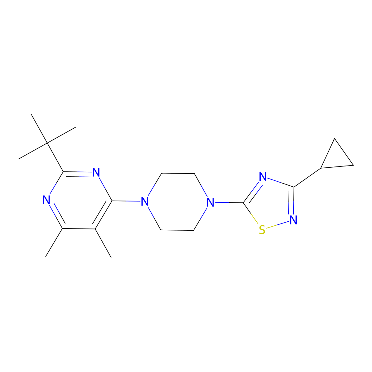 2-Tert-butyl-4-[4-(3-cyclopropyl-1,2,4-thiadiazol-5-yl)piperazin-1-yl]-5,6-dimethylpyrimidine molecular structure, CAS 2640948-30-5