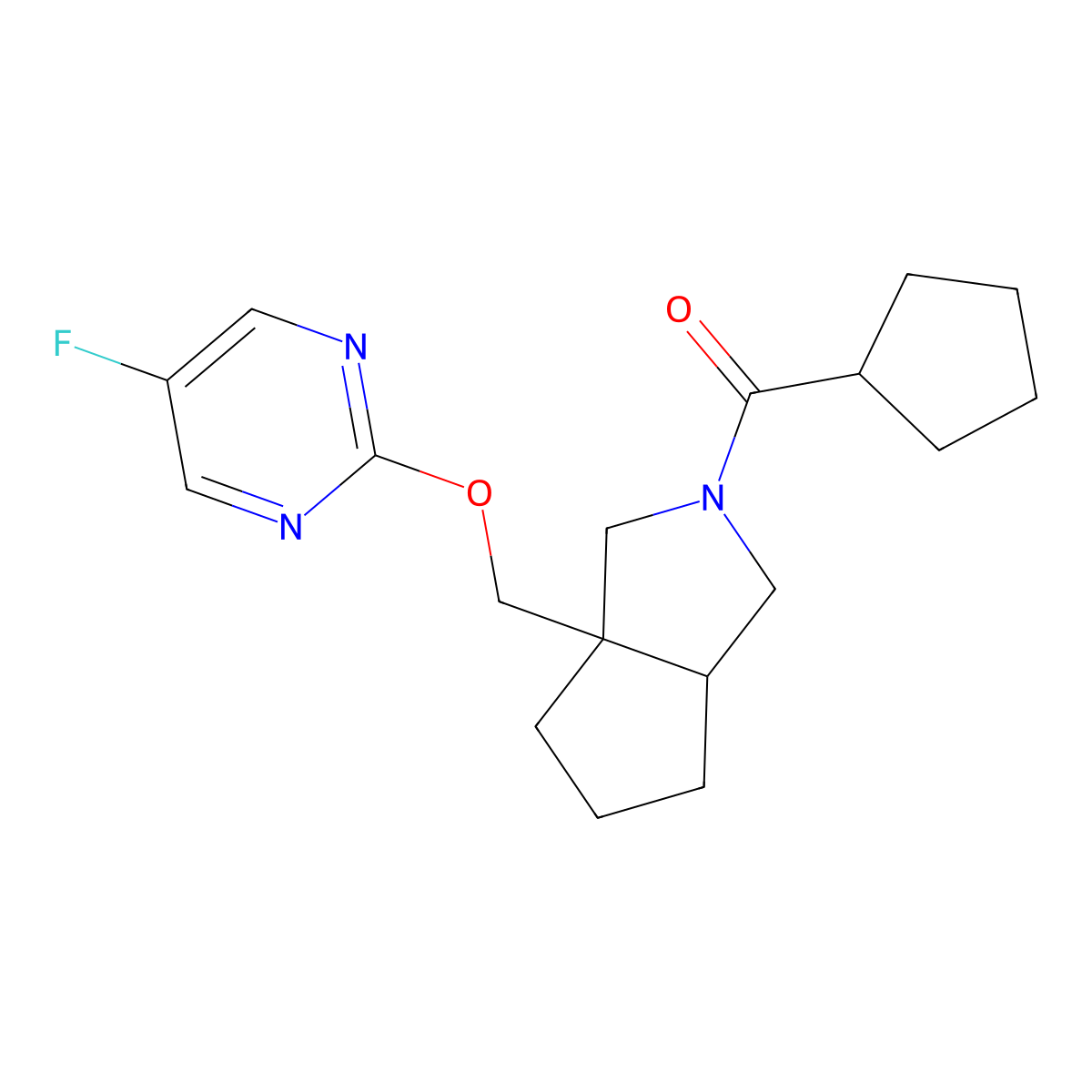 2-({2-Cyclopentanecarbonyl-octahydrocyclopenta[c]pyrrol-3a-yl}methoxy)-5-fluoropyrimidine molecular structure, CAS 2640948-34-9