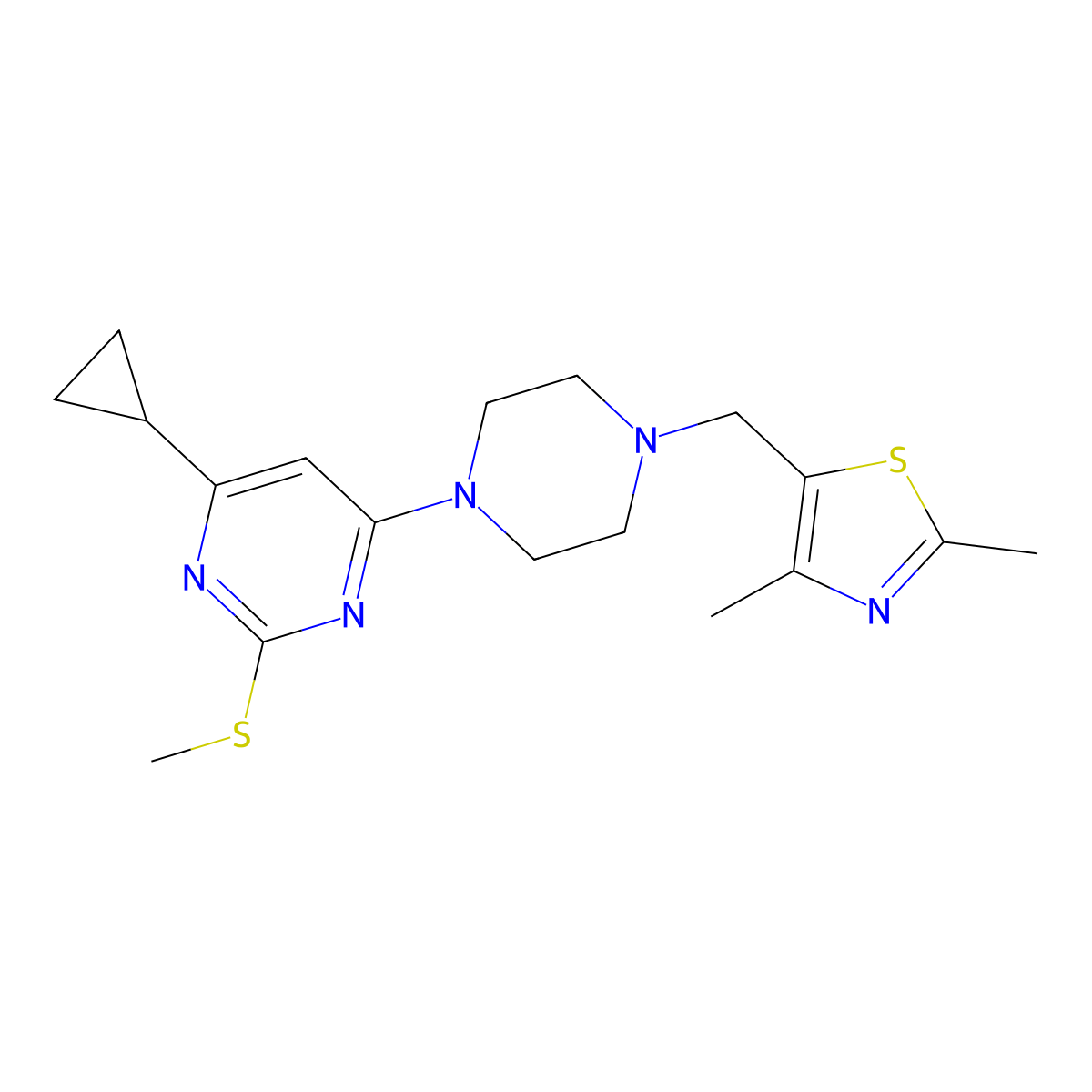 4-Cyclopropyl-6-{4-[(2,4-dimethyl-1,3-thiazol-5-yl)methyl]piperazin-1-yl}-2-(methylsulfanyl)pyrimidine molecular structure, CAS 2640948-36-1