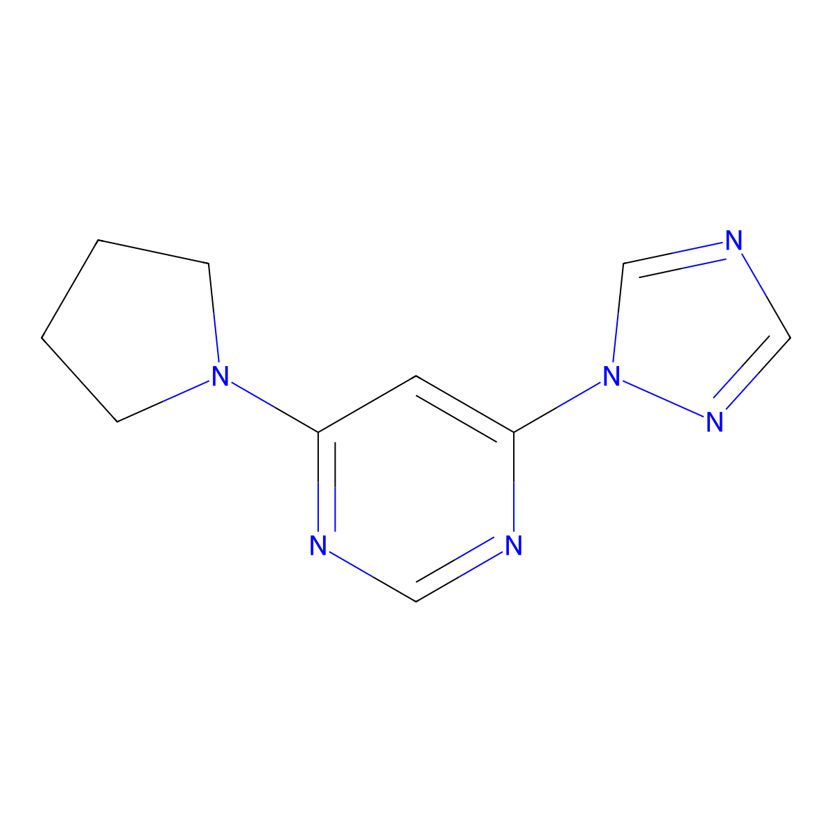 4-(pyrrolidin-1-yl)-6-(1H-1,2,4-triazol-1-yl)pyrimidine molecular structure, CAS 2640948-38-3