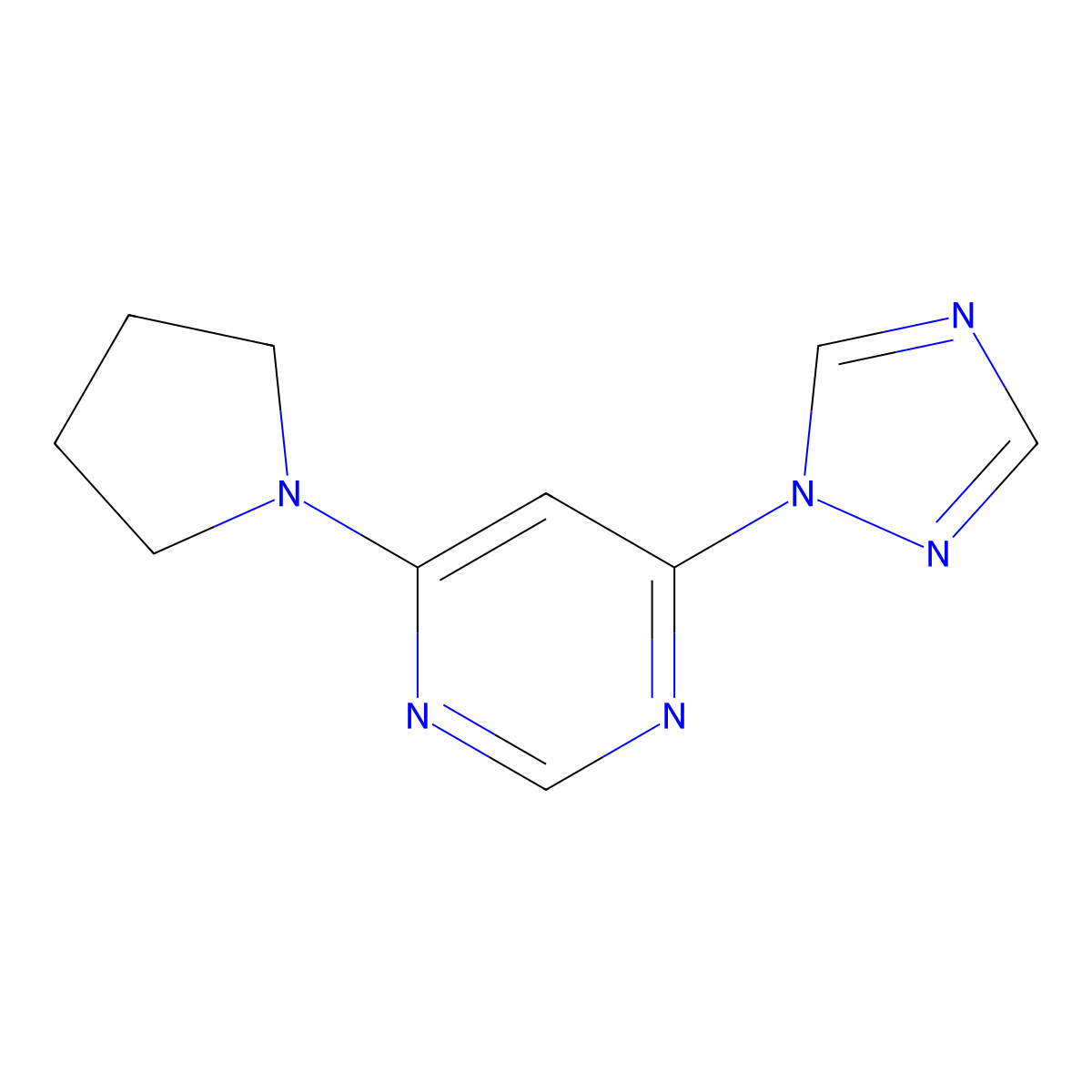 4-(pyrrolidin-1-yl)-6-(1H-1,2,4-triazol-1-yl)pyrimidine molecular structure, CAS 2640948-38-3