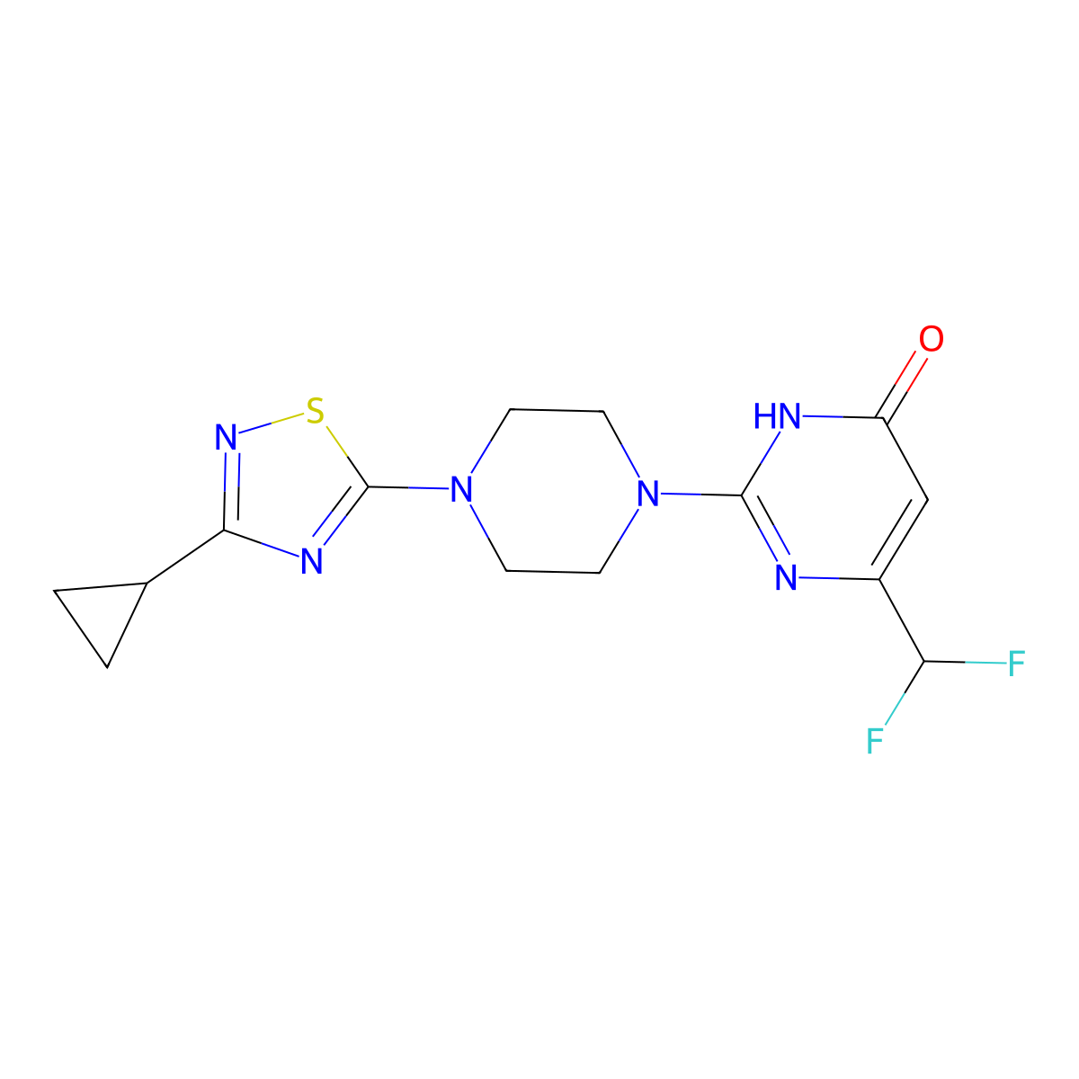 2-[4-(3-Cyclopropyl-1,2,4-thiadiazol-5-yl)piperazin-1-yl]-6-(difluoromethyl)-3,4-dihydropyrimidin-4-one molecular structure, CAS 2640948-39-4