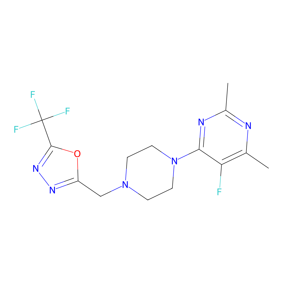 5-Fluoro-2,4-dimethyl-6-(4-{[5-(trifluoromethyl)-1,3,4-oxadiazol-2-yl]methyl}piperazin-1-yl)pyrimidine molecular structure, CAS 2640948-40-7