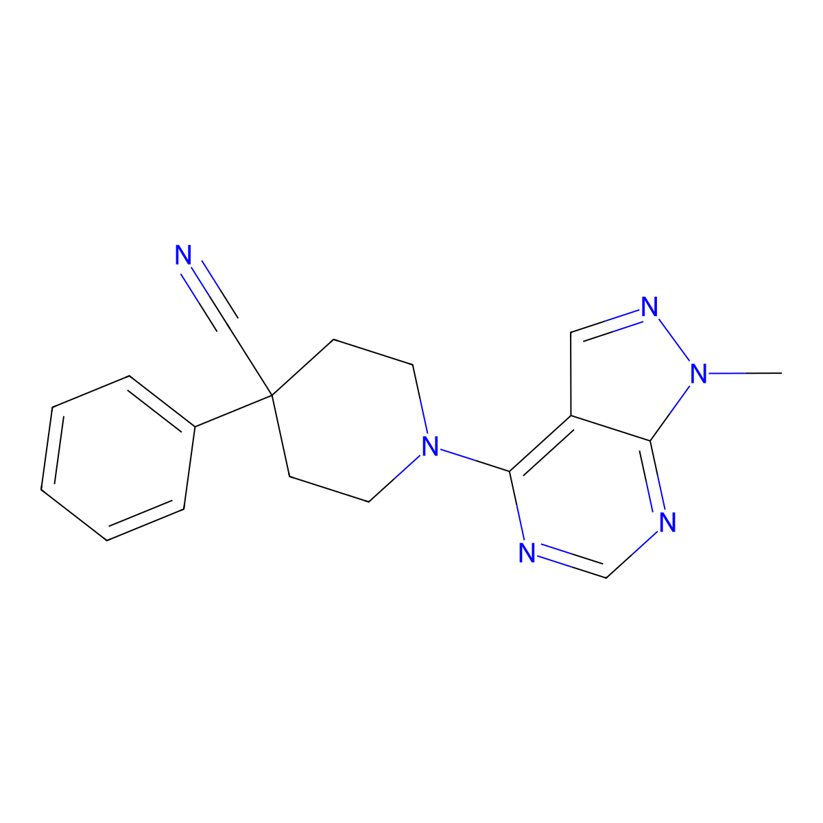 1-{1-methyl-1H-pyrazolo[3,4-d]pyrimidin-4-yl}-4-phenylpiperidine-4-carbonitrile molecular structure, CAS 2640948-41-8