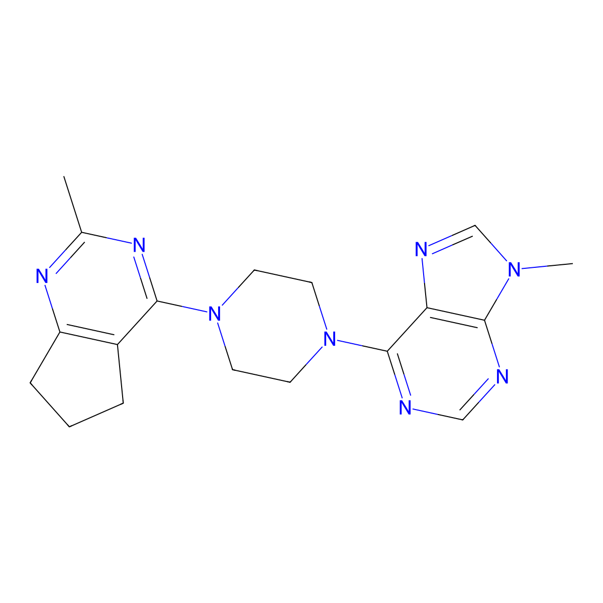 9-methyl-6-(4-{2-methyl-5H,6H,7H-cyclopenta[d]pyrimidin-4-yl}piperazin-1-yl)-9H-purine molecular structure, CAS 2640948-42-9