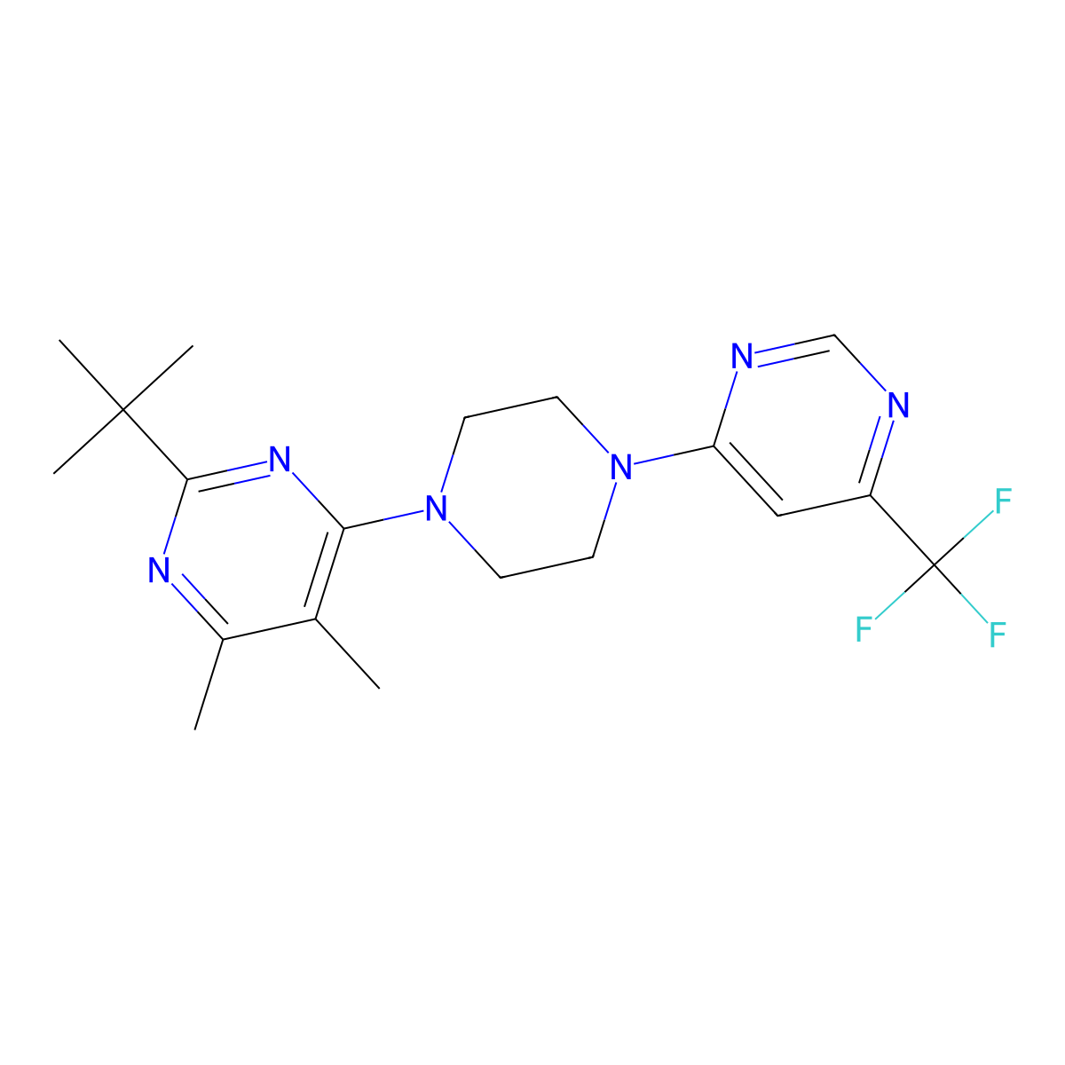 2-Tert-butyl-4,5-dimethyl-6-{4-[6-(trifluoromethyl)pyrimidin-4-yl]piperazin-1-yl}pyrimidine molecular structure, CAS 2640948-43-0