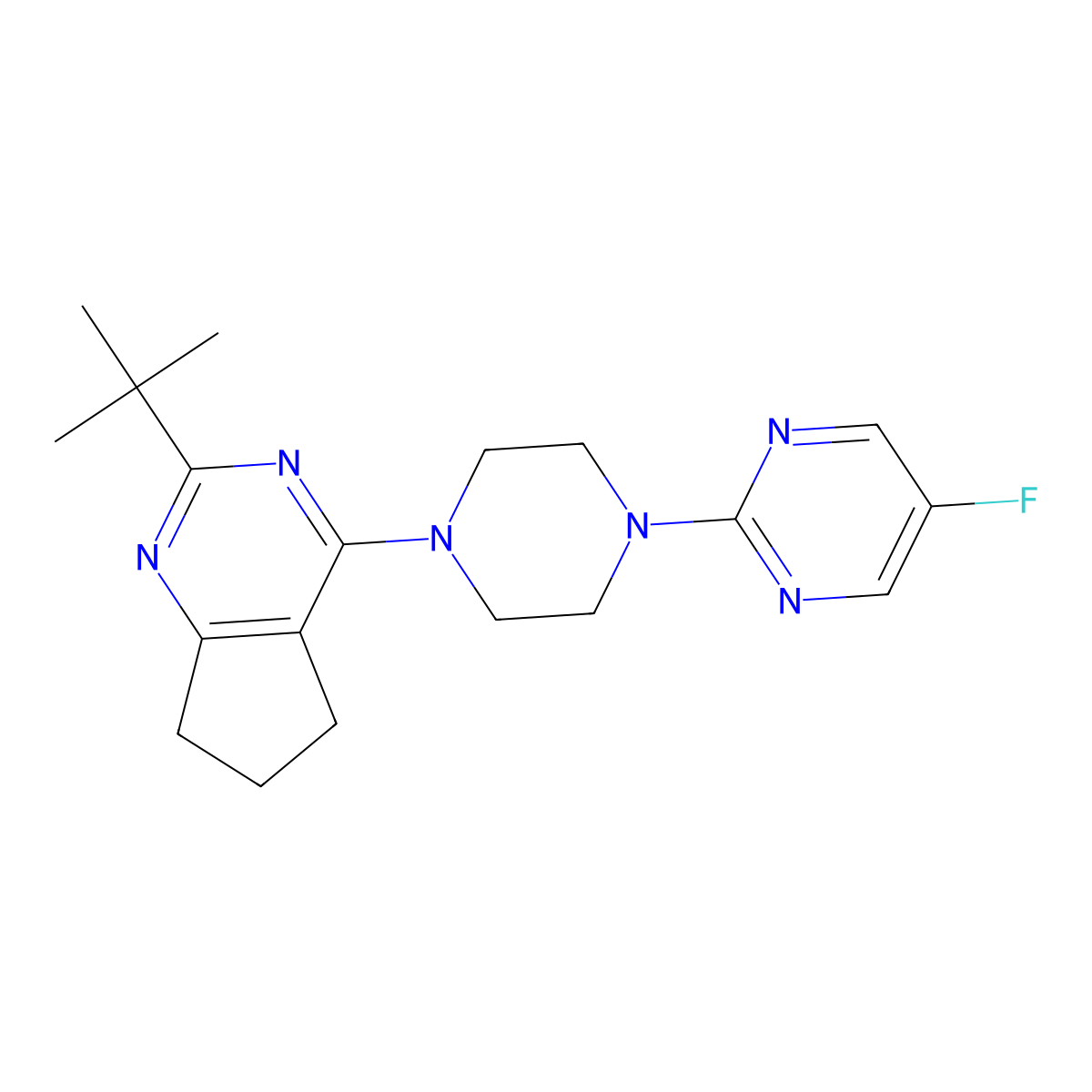 2-(4-{2-tert-butyl-5H,6H,7H-cyclopenta[d]pyrimidin-4-yl}piperazin-1-yl)-5-fluoropyrimidine molecular structure, CAS 2640948-45-2