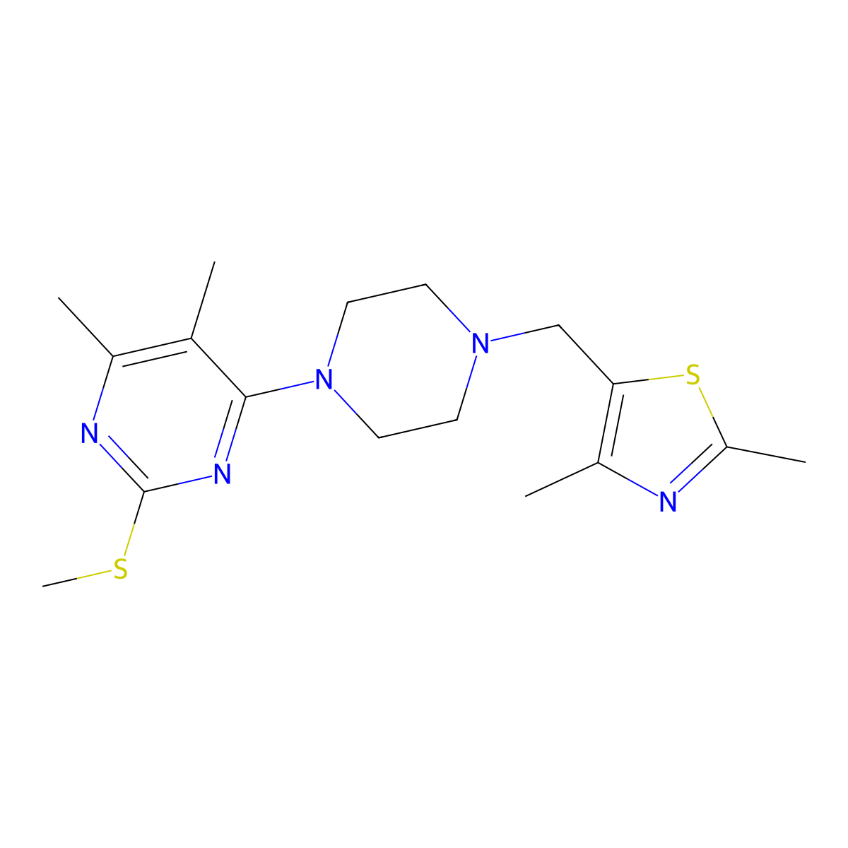 4-{4-[(2,4-Dimethyl-1,3-thiazol-5-yl)methyl]piperazin-1-yl}-5,6-dimethyl-2-(methylsulfanyl)pyrimidine molecular structure, CAS 2640948-46-3