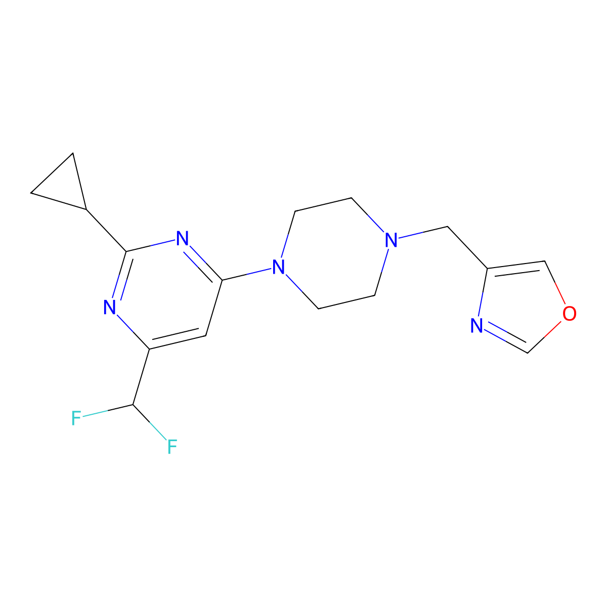 2-Cyclopropyl-4-(difluoromethyl)-6-{4-[(1,3-oxazol-4-yl)methyl]piperazin-1-yl}pyrimidine molecular structure, CAS 2640948-48-5