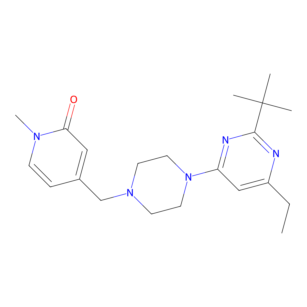 4-{[4-(2-Tert-butyl-6-ethylpyrimidin-4-yl)piperazin-1-yl]methyl}-1-methyl-1,2-dihydropyridin-2-one molecular structure, CAS 2640948-51-0