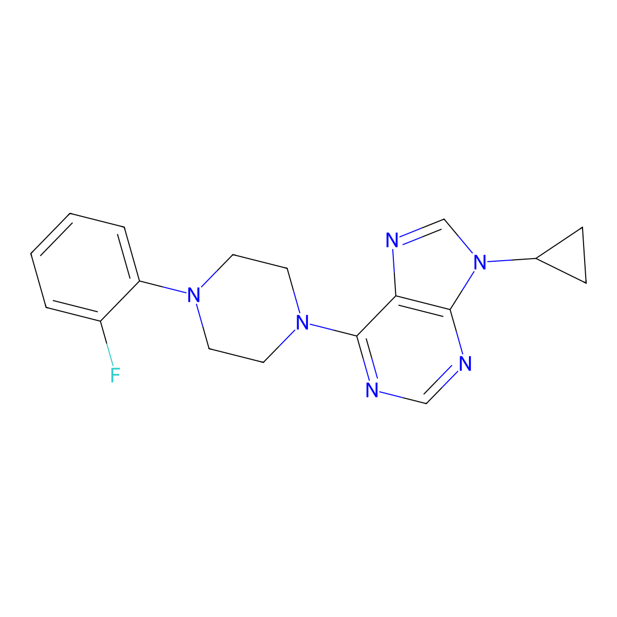 9-cyclopropyl-6-[4-(2-fluorophenyl)piperazin-1-yl]-9H-purine molecular structure, CAS 2640948-52-1