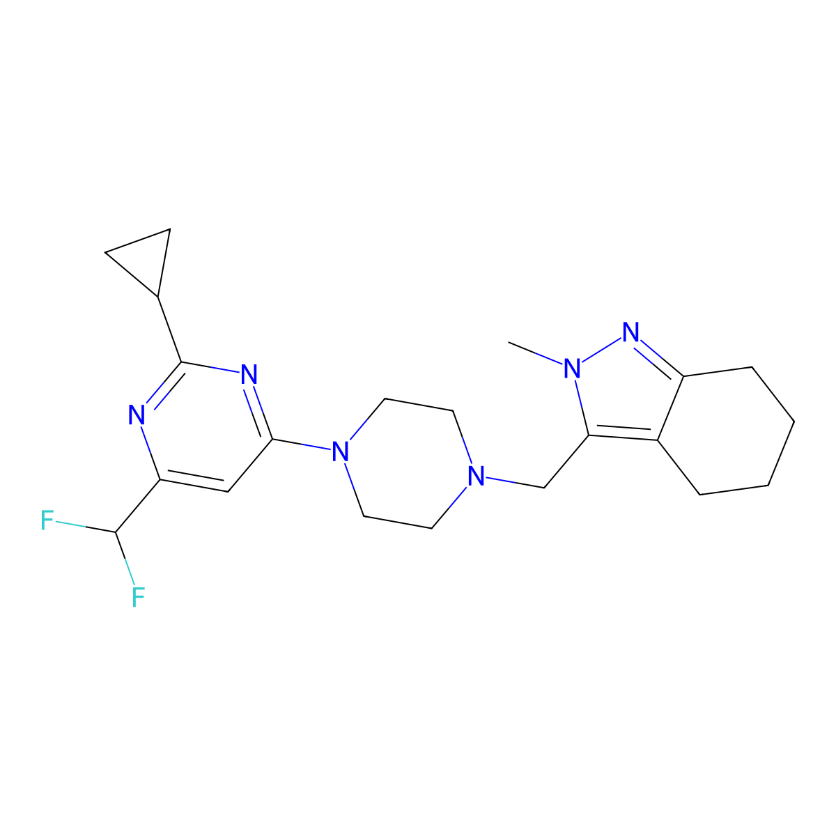 3-({4-[2-cyclopropyl-6-(difluoromethyl)pyrimidin-4-yl]piperazin-1-yl}methyl)-2-methyl-4,5,6,7-tetrahydro-2H-indazole molecular structure, CAS 2640948-55-4