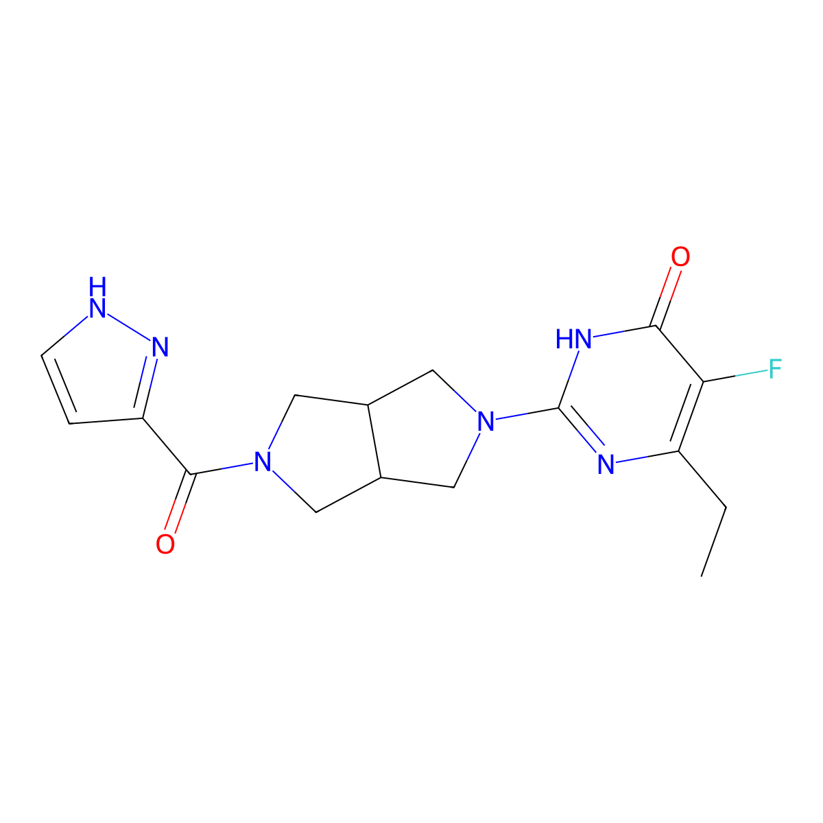 6-ethyl-5-fluoro-2-[5-(1H-pyrazole-3-carbonyl)-octahydropyrrolo[3,4-c]pyrrol-2-yl]-3,4-dihydropyrimidin-4-one molecular structure, CAS 2640948-57-6