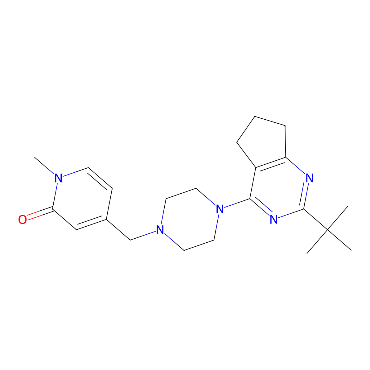 4-[(4-{2-tert-butyl-5H,6H,7H-cyclopenta[d]pyrimidin-4-yl}piperazin-1-yl)methyl]-1-methyl-1,2-dihydropyridin-2-one molecular structure, CAS 2640948-59-8