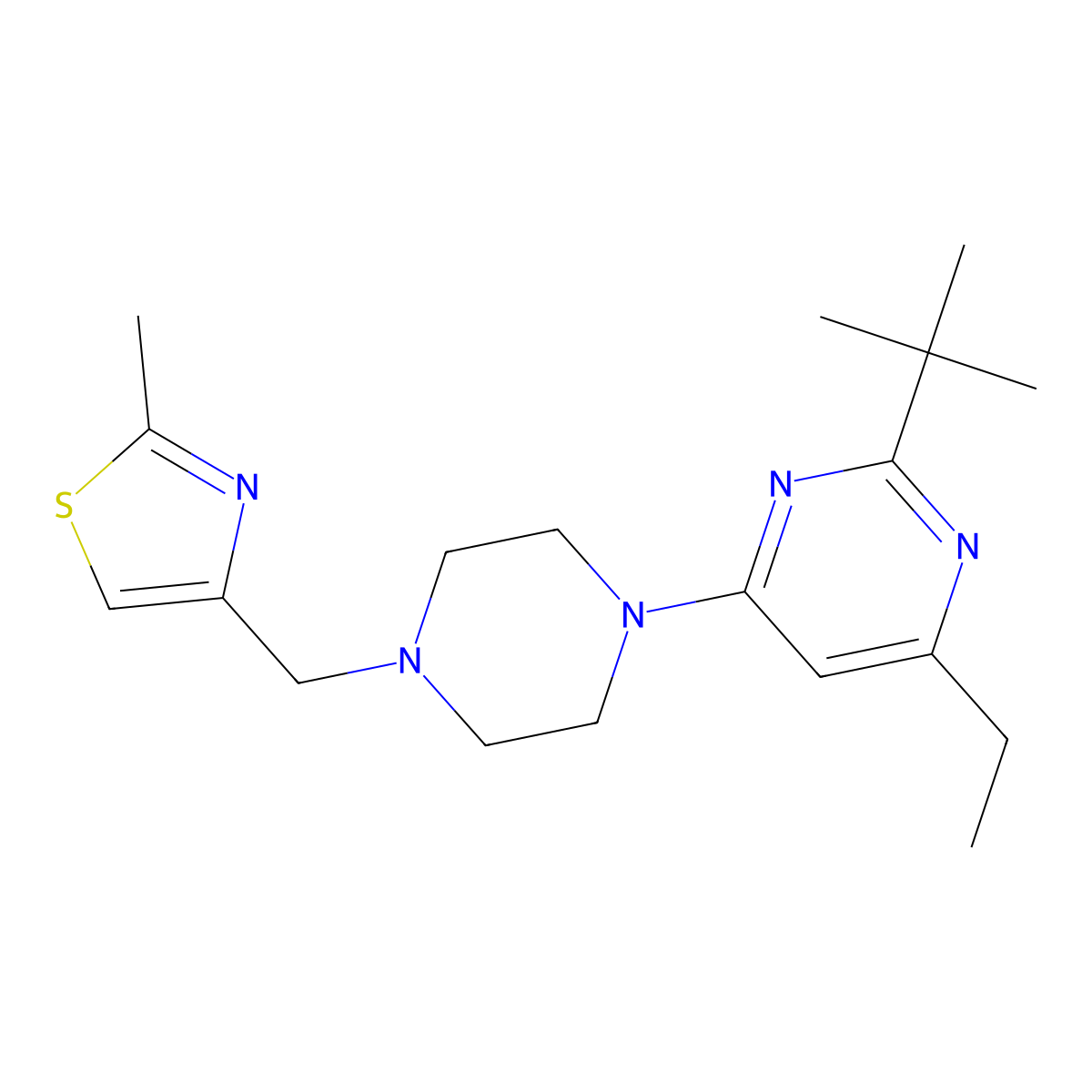2-Tert-butyl-4-ethyl-6-{4-[(2-methyl-1,3-thiazol-4-yl)methyl]piperazin-1-yl}pyrimidine molecular structure, CAS 2640948-64-5