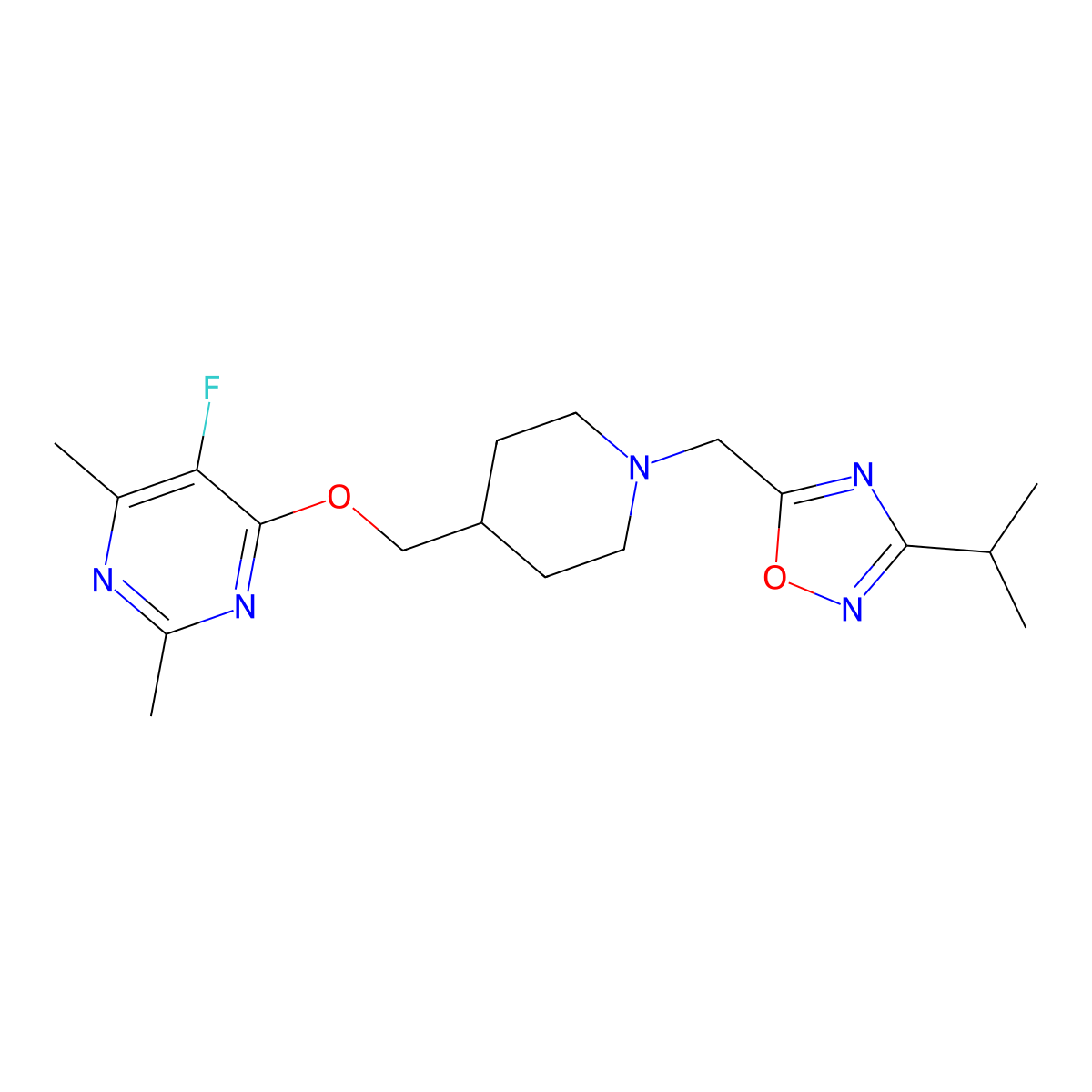 5-Fluoro-2,4-dimethyl-6-[(1-{[3-(propan-2-yl)-1,2,4-oxadiazol-5-yl]methyl}piperidin-4-yl)methoxy]pyrimidine molecular structure, CAS 2640948-68-9