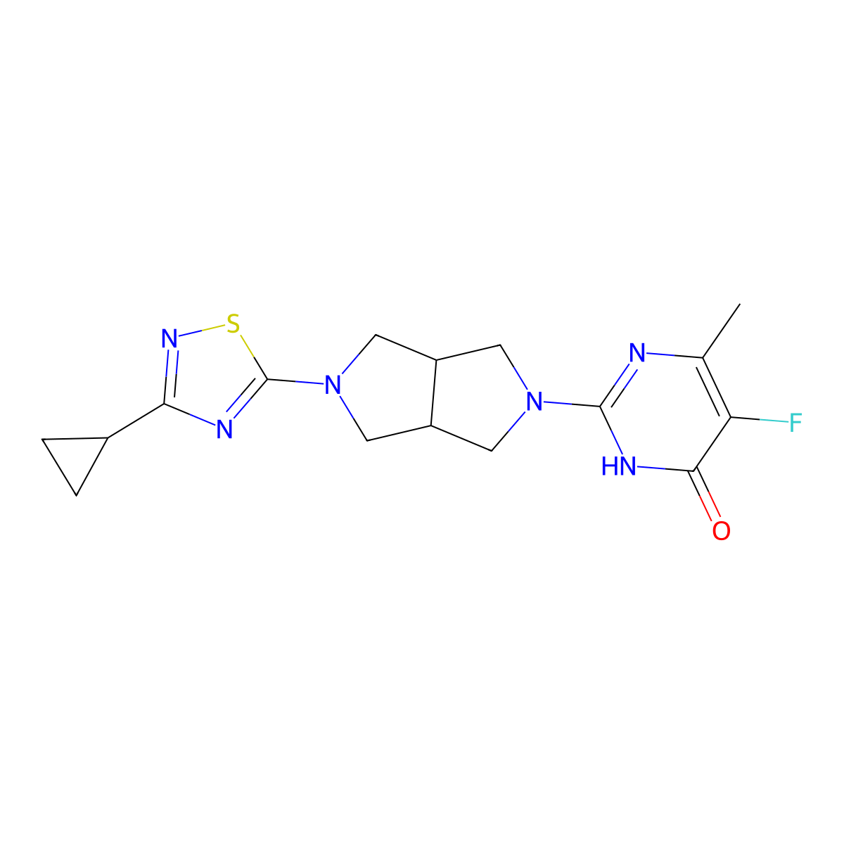 2-[5-(3-Cyclopropyl-1,2,4-thiadiazol-5-yl)-octahydropyrrolo[3,4-c]pyrrol-2-yl]-5-fluoro-6-methyl-3,4-dihydropyrimidin-4-one molecular structure, CAS 2640948-70-3