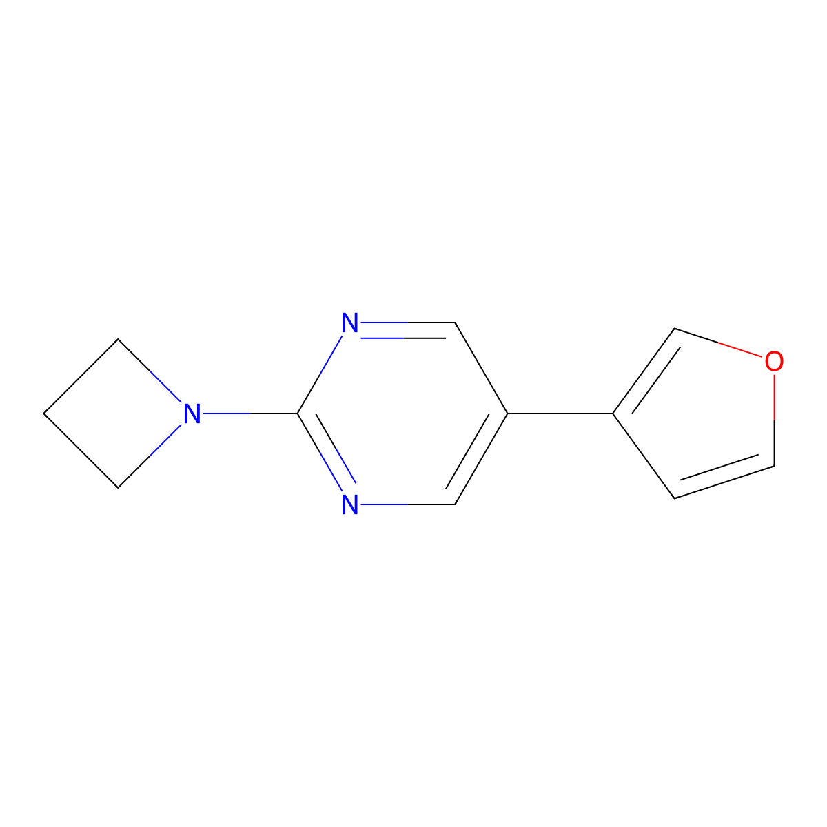 2-(Azetidin-1-yl)-5-(furan-3-yl)pyrimidine molecular structure, CAS 2640948-71-4