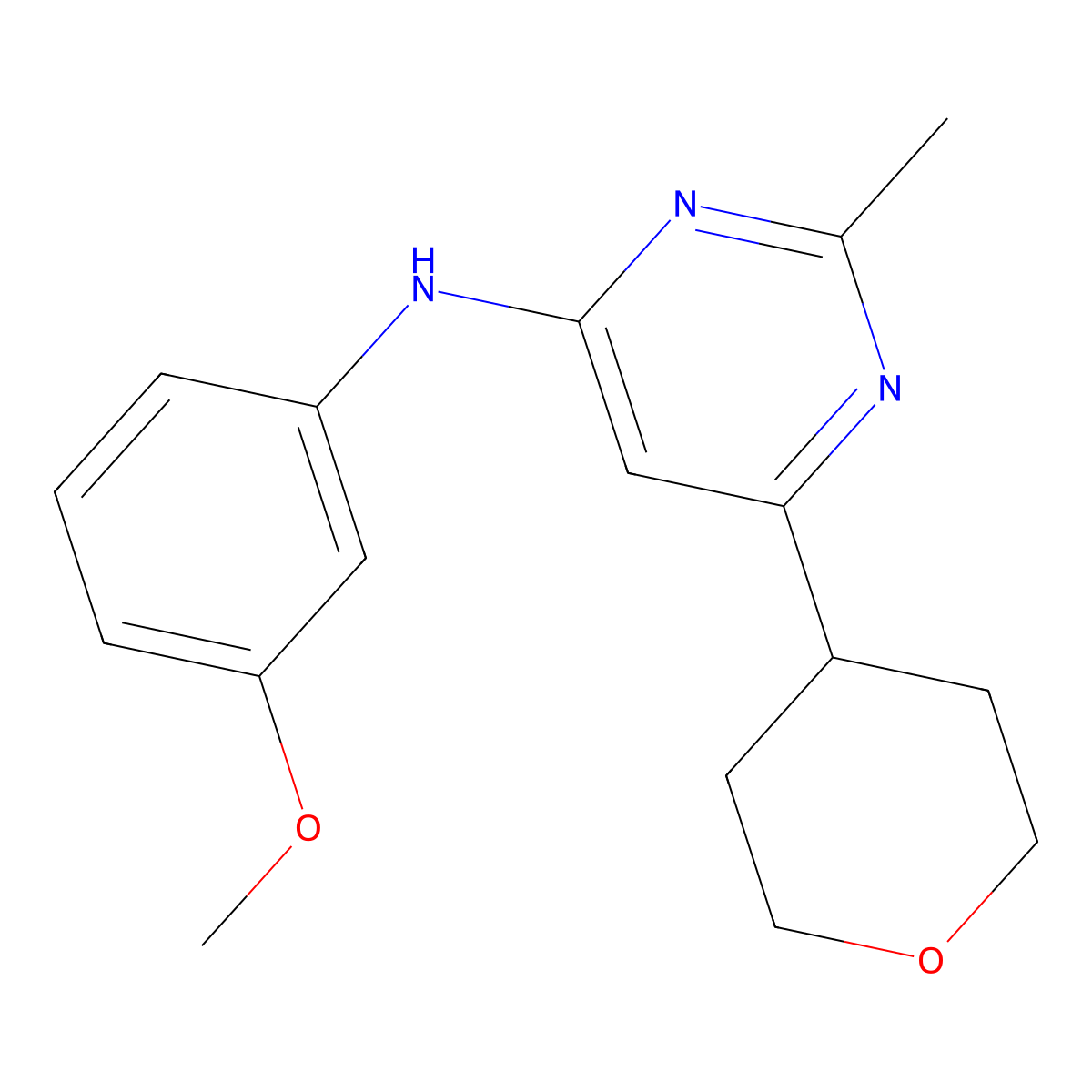 N-(3-methoxyphenyl)-2-methyl-6-(oxan-4-yl)pyrimidin-4-amine molecular structure, CAS 2640948-74-7