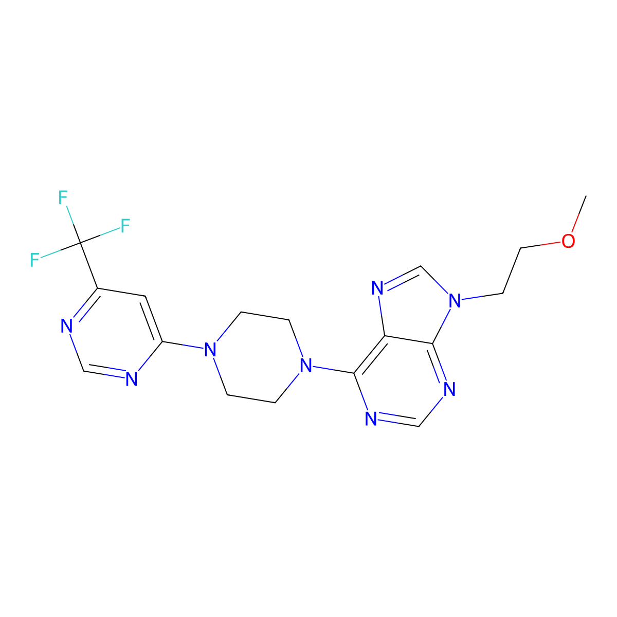 9-(2-methoxyethyl)-6-{4-[6-(trifluoromethyl)pyrimidin-4-yl]piperazin-1-yl}-9H-purine molecular structure, CAS 2640948-76-9