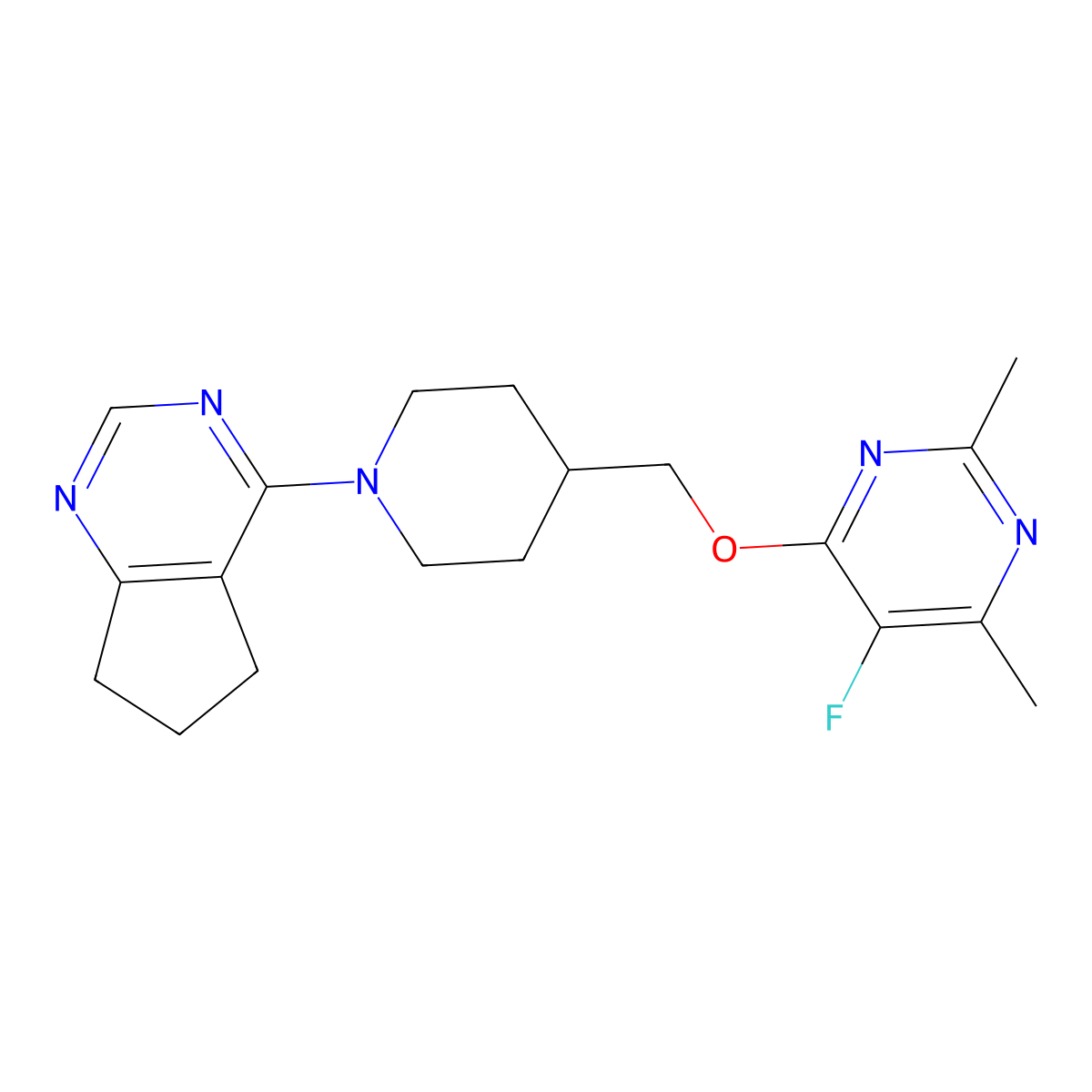 4-[(1-{5H,6H,7H-cyclopenta[d]pyrimidin-4-yl}piperidin-4-yl)methoxy]-5-fluoro-2,6-dimethylpyrimidine molecular structure, CAS 2640948-78-1