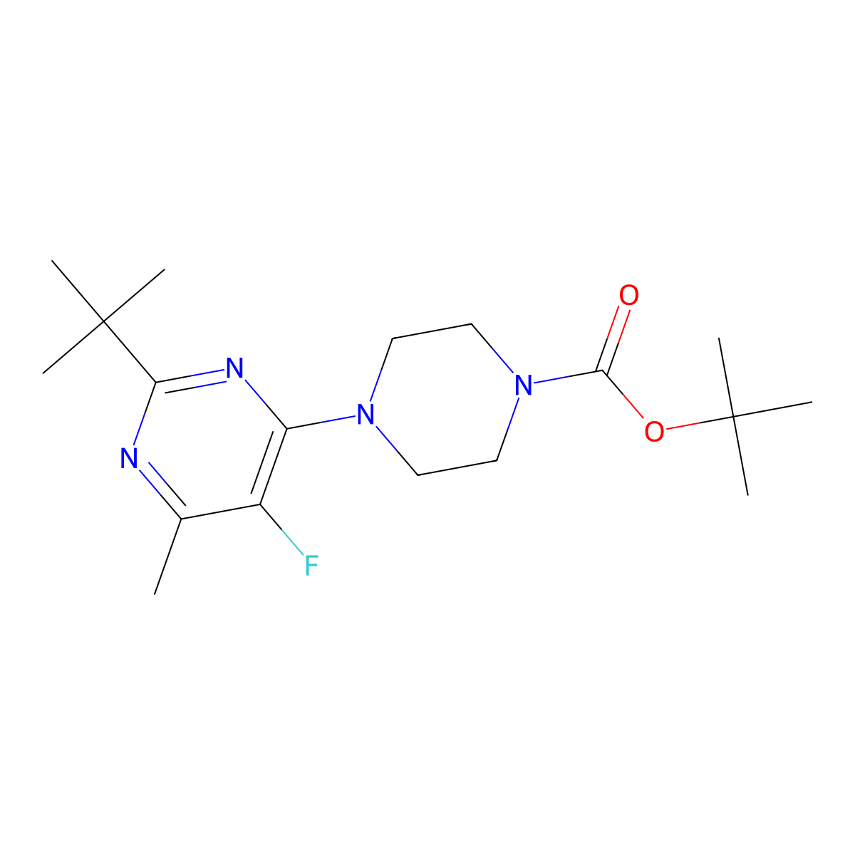 Tert-butyl 4-(2-tert-butyl-5-fluoro-6-methylpyrimidin-4-yl)piperazine-1-carboxylate molecular structure, CAS 2640948-82-7