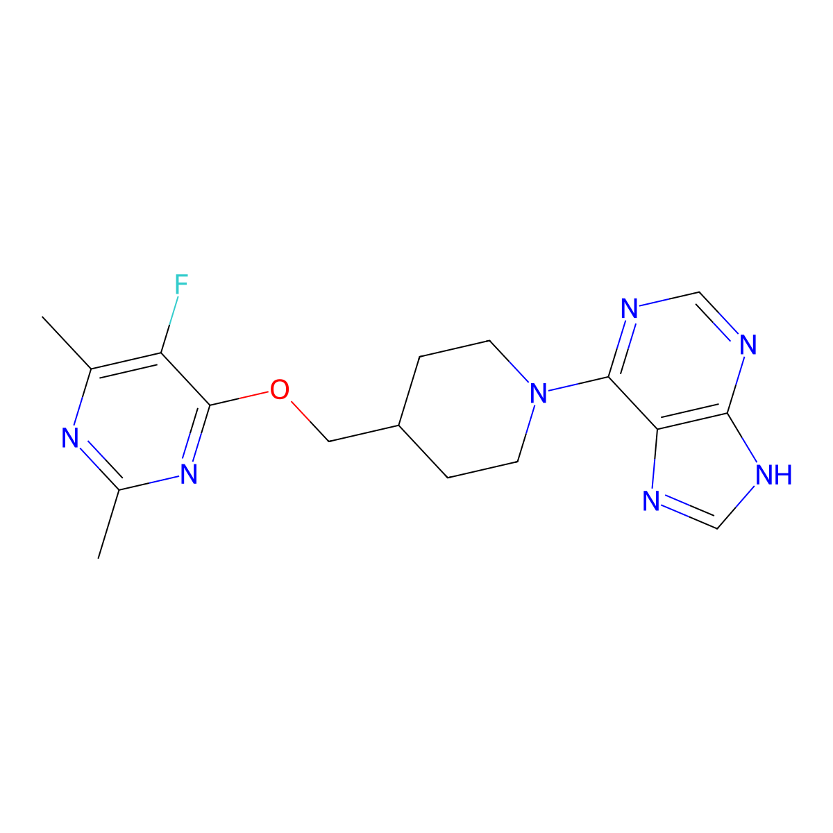 6-(4-{[(5-fluoro-2,6-dimethylpyrimidin-4-yl)oxy]methyl}piperidin-1-yl)-9H-purine molecular structure, CAS 2640948-88-3