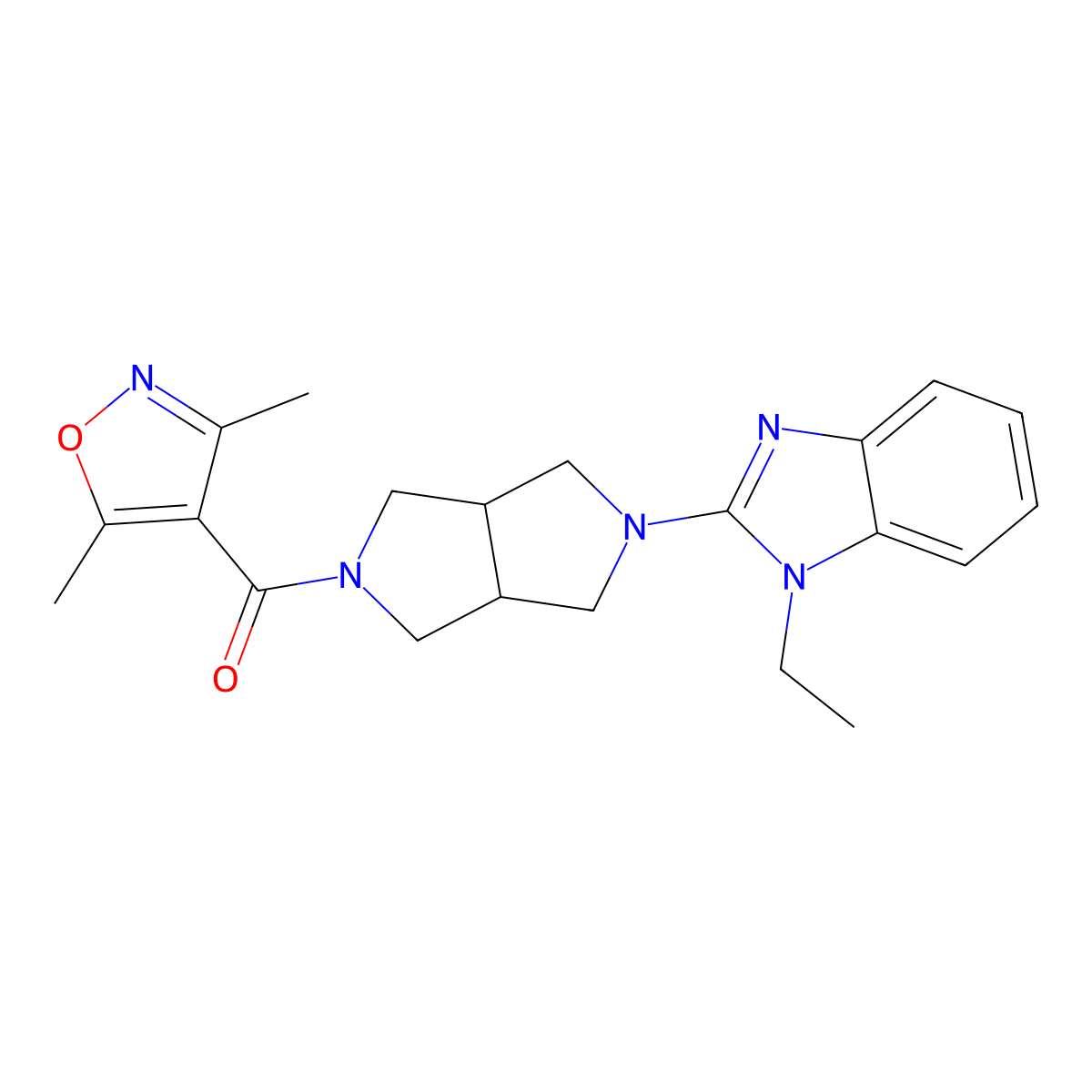 2-[5-(3,5-dimethyl-1,2-oxazole-4-carbonyl)-octahydropyrrolo[3,4-c]pyrrol-2-yl]-1-ethyl-1H-1,3-benzodiazole molecular structure, CAS 2640948-89-4